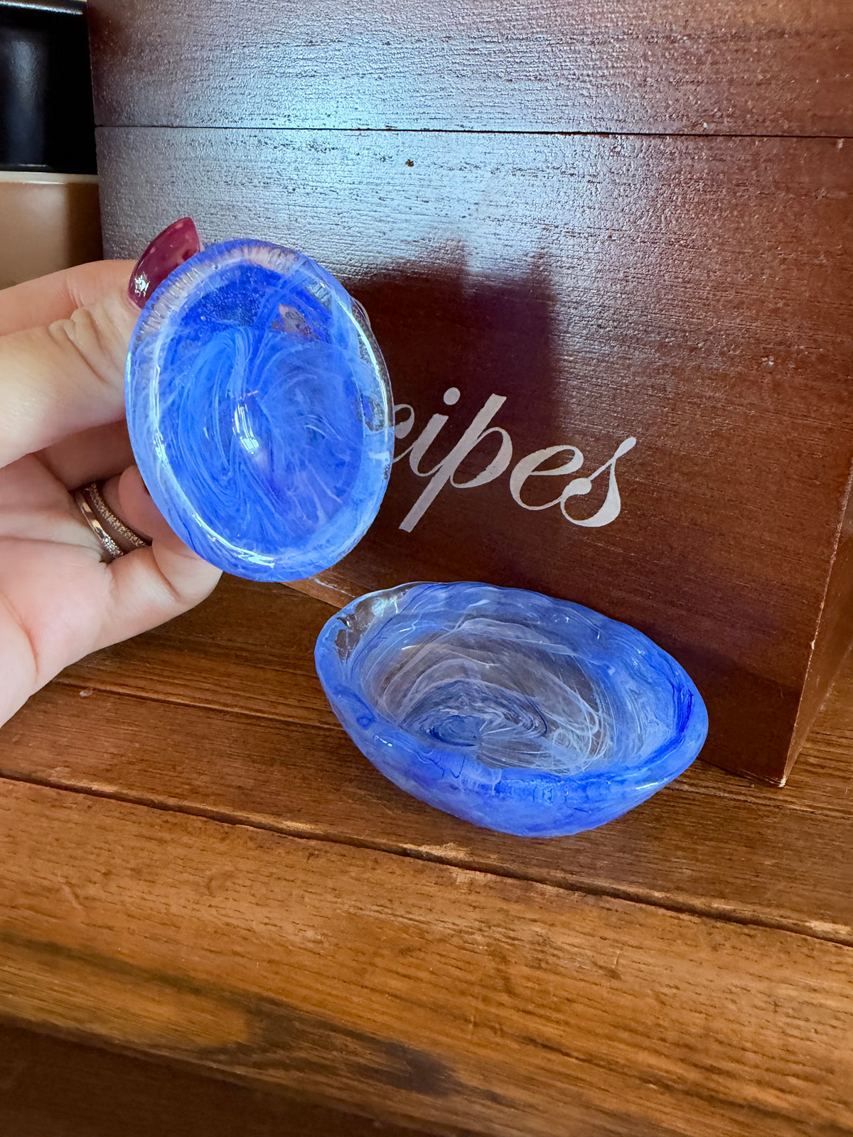 Blue & White Slag Glass Mini Hen-on-Nest Salt Cellar