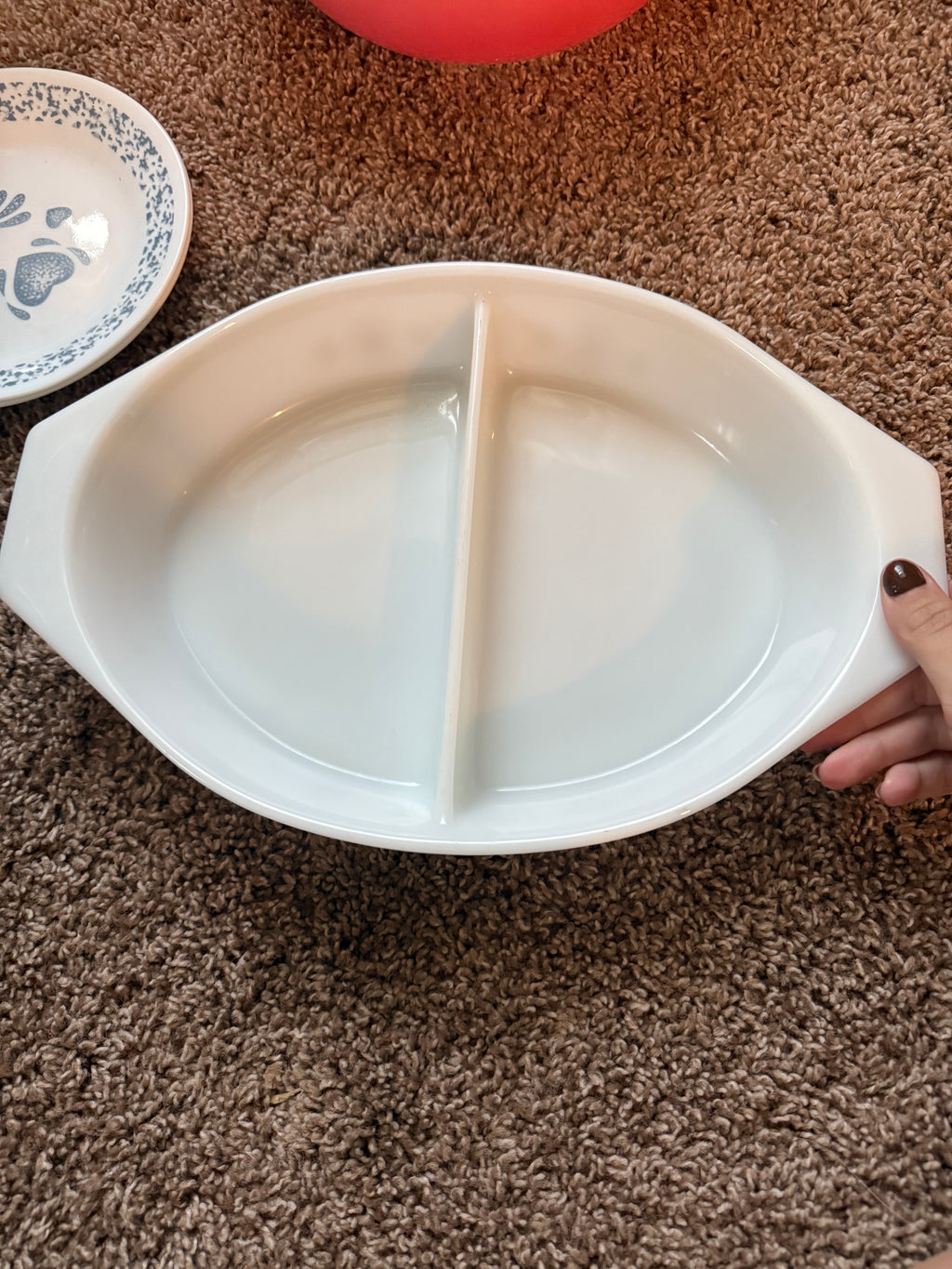 Vintage Pyrex Town and Country 1-1/2qt Oval Divided Casserole Dish with Lid