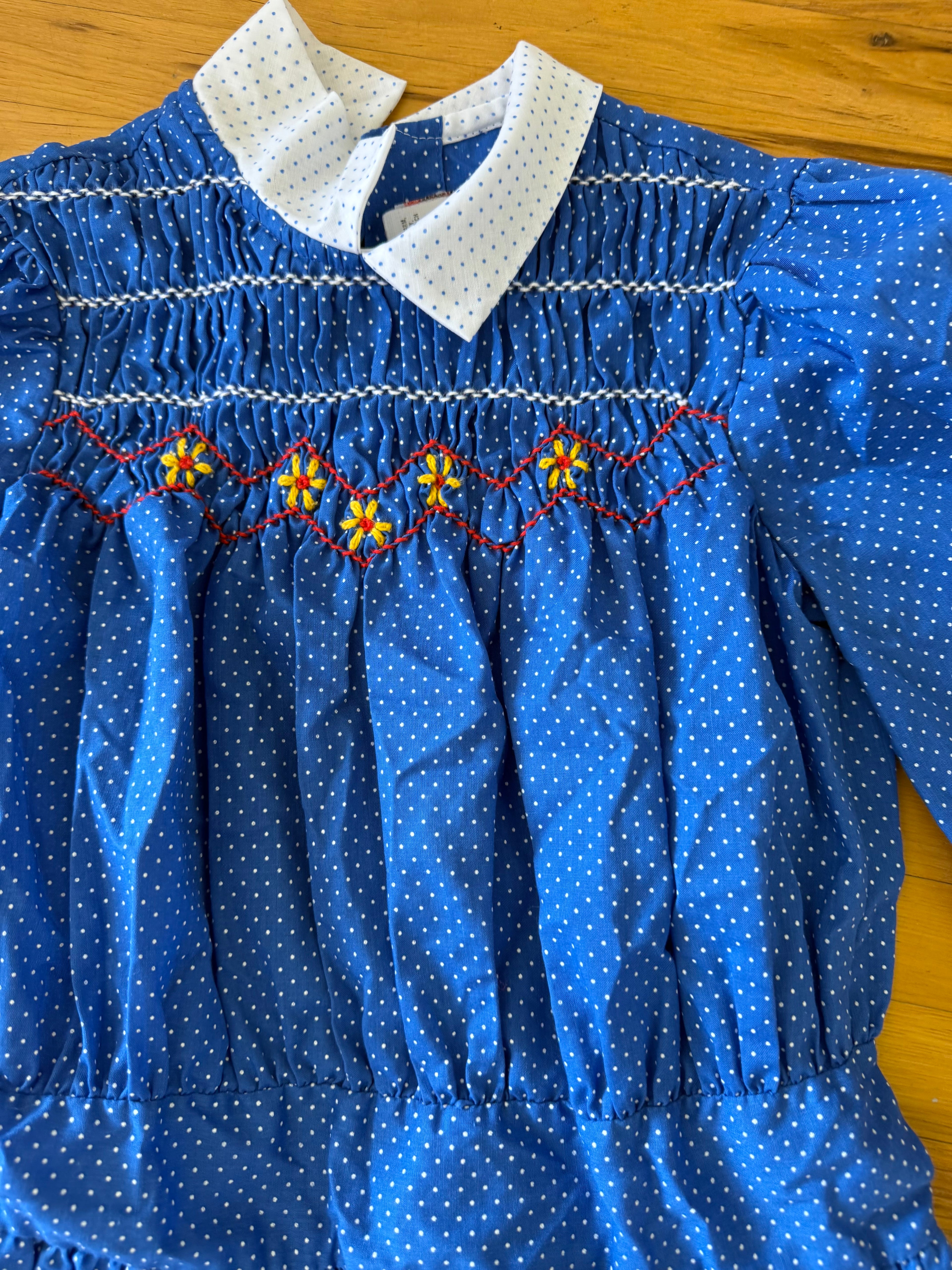 Vintage Blue Polka-Dot Smocked Dress