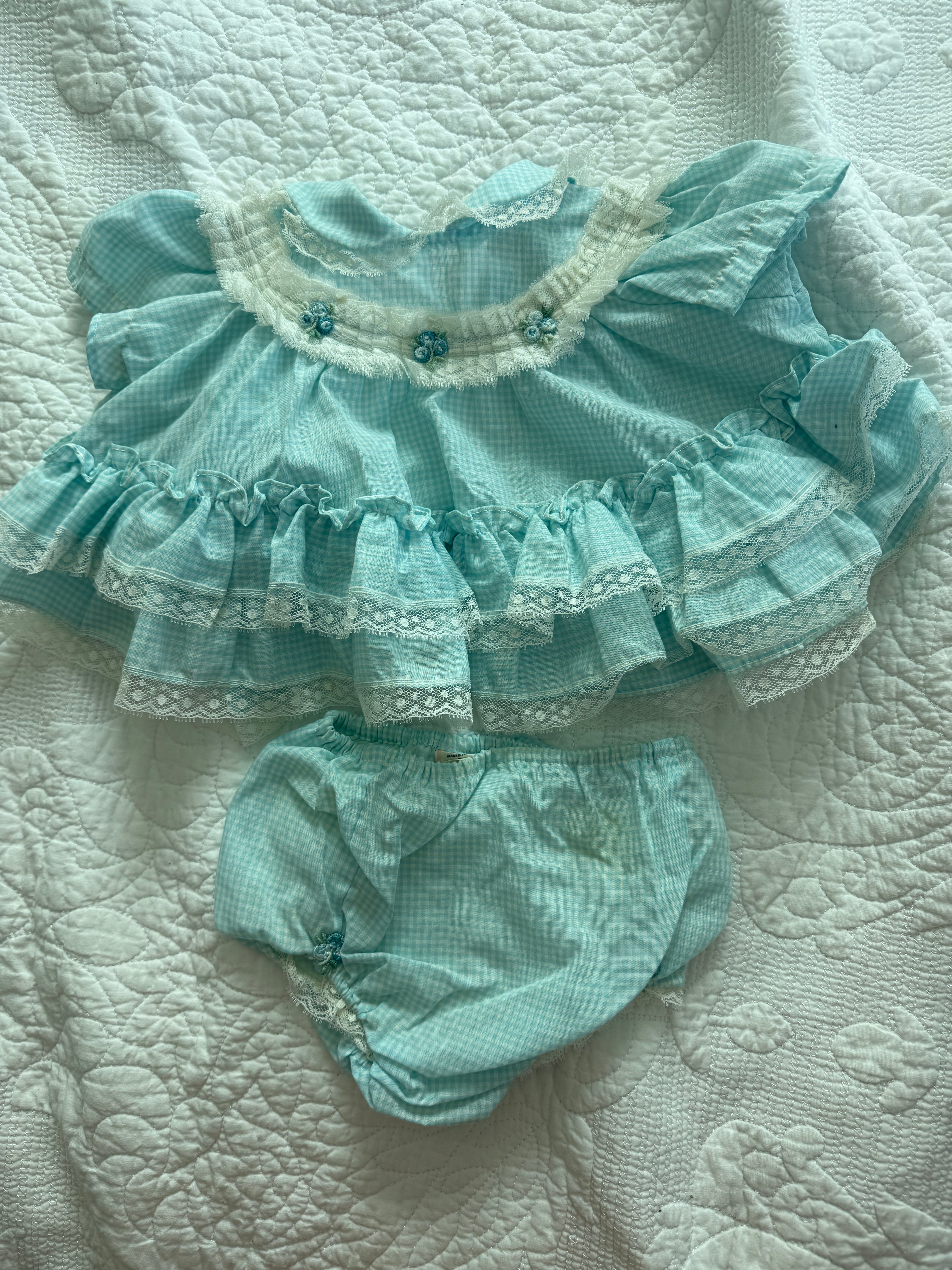 Vintage Light Blue Gingham, Lace, and Floral Embroidered Frilly Bloomer Set