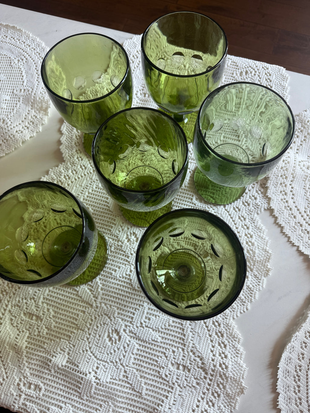 Vintage Avocado Green Thumbprint Goblets — Set of 6