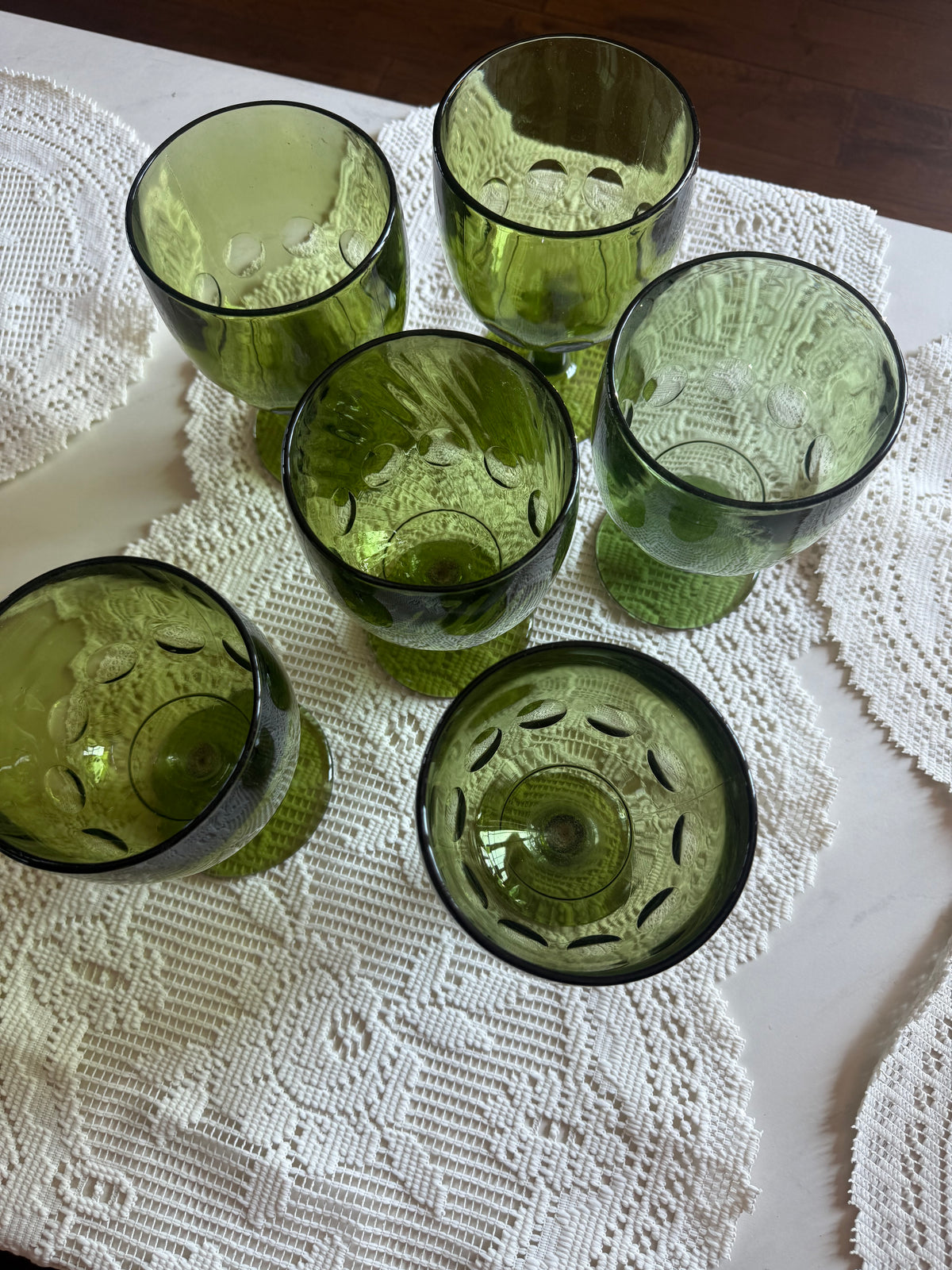 Vintage Avocado Green Thumbprint Goblets — Set of 6