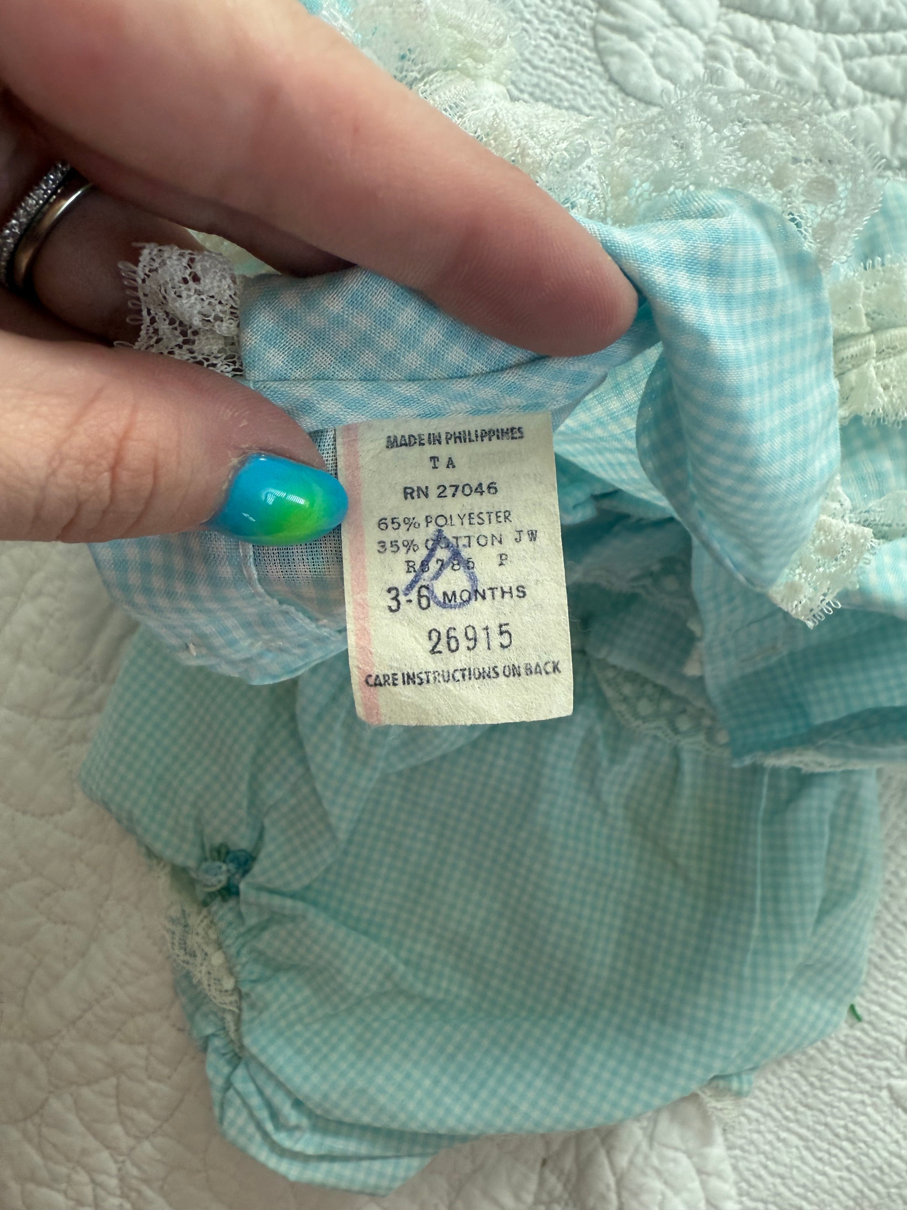 Vintage Light Blue Gingham, Lace, and Floral Embroidered Frilly Bloomer Set