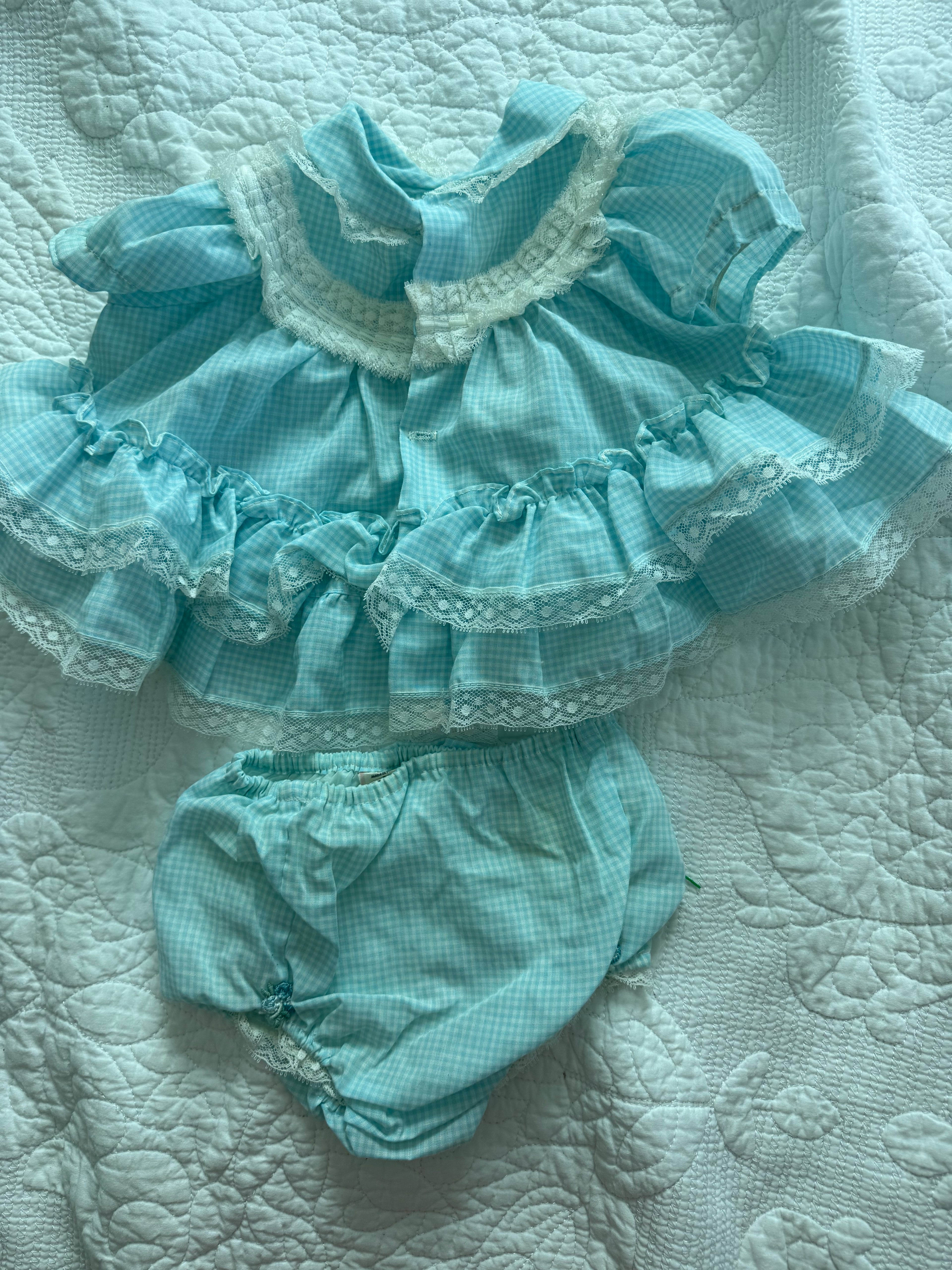 Vintage Light Blue Gingham, Lace, and Floral Embroidered Frilly Bloomer Set