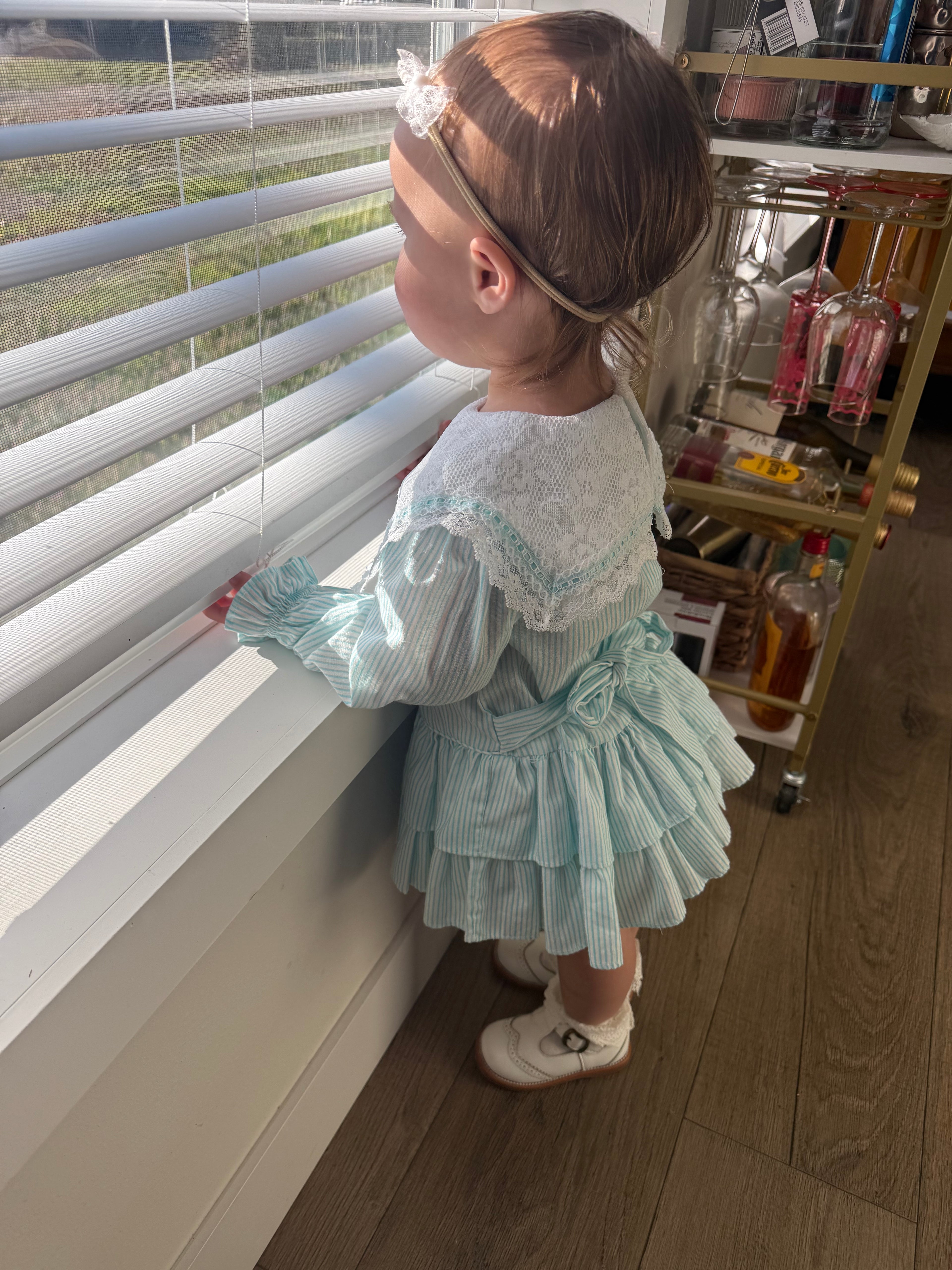 Vintage Turquoise Striped Dress with Lace Details