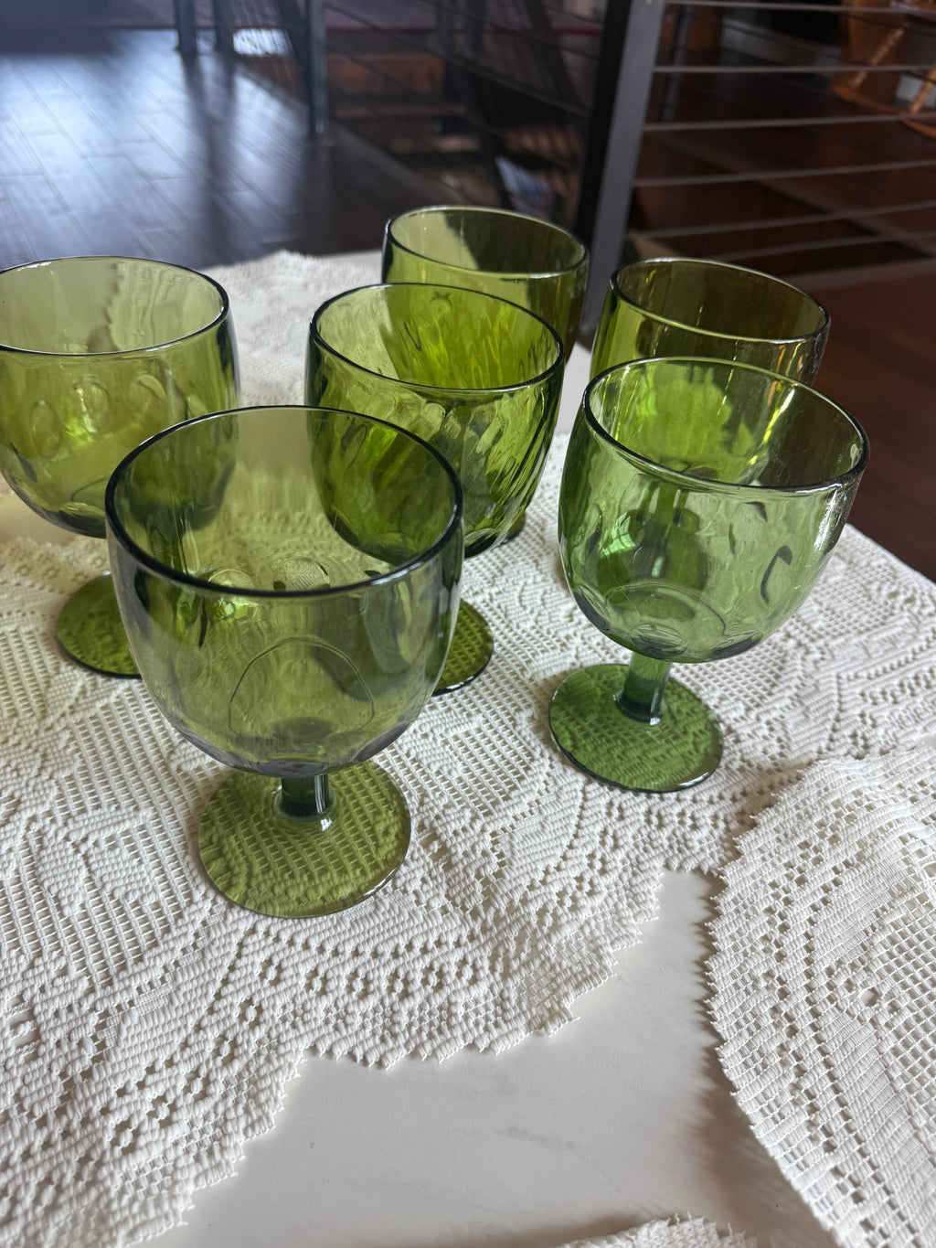 Vintage Avocado Green Thumbprint Goblets — Set of 6