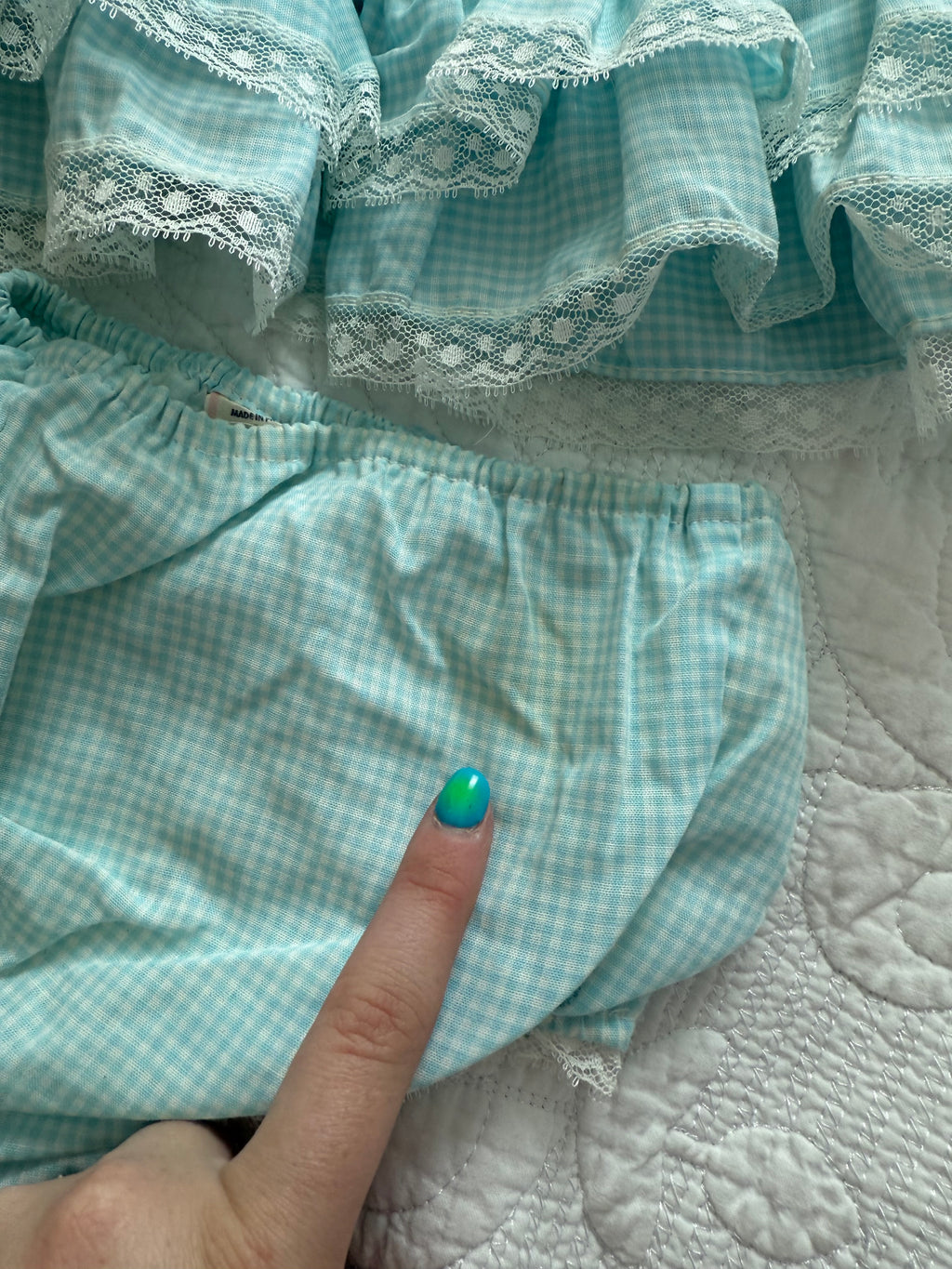 Vintage Light Blue Gingham, Lace, and Floral Embroidered Frilly Bloomer Set