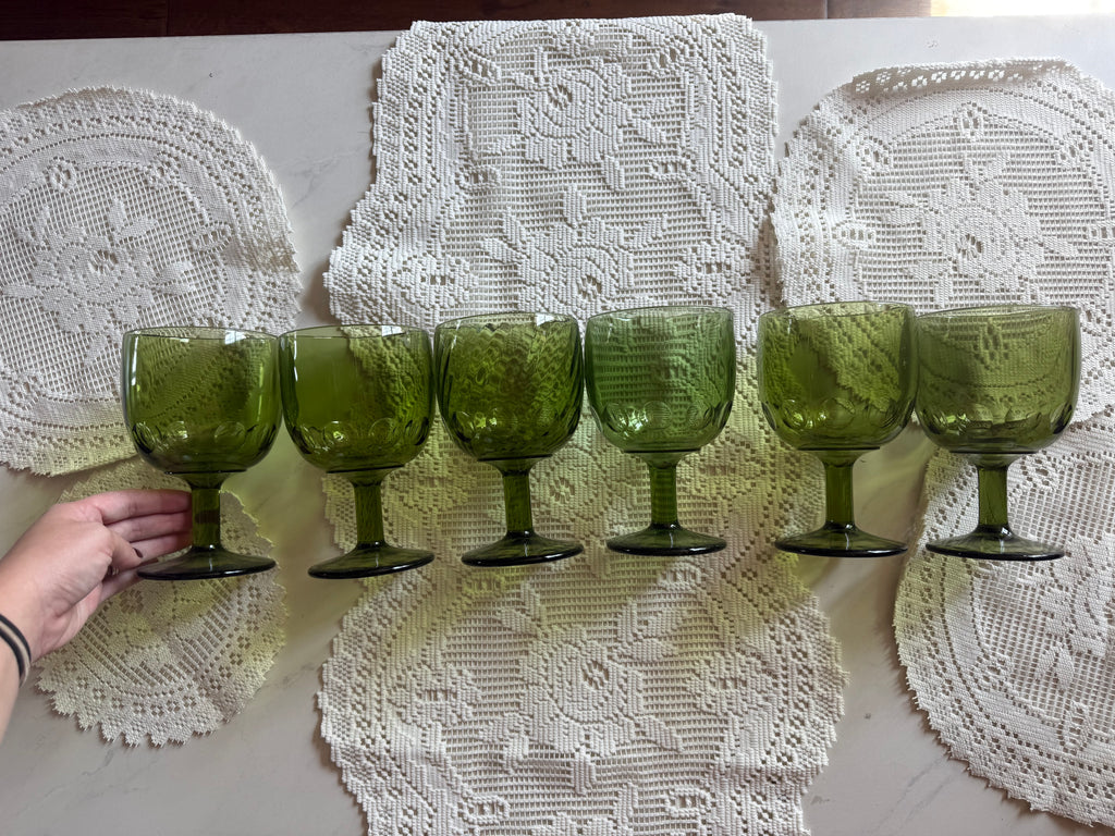 Vintage Avocado Green Thumbprint Goblets — Set of 6
