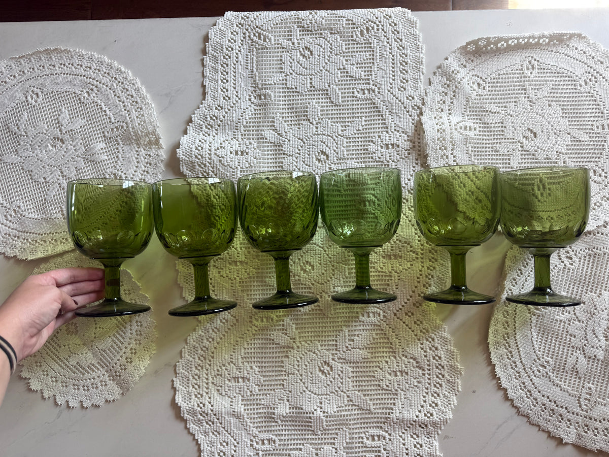 Vintage Avocado Green Thumbprint Goblets — Set of 6