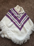 Vintage White Poncho with Red and Purple Details