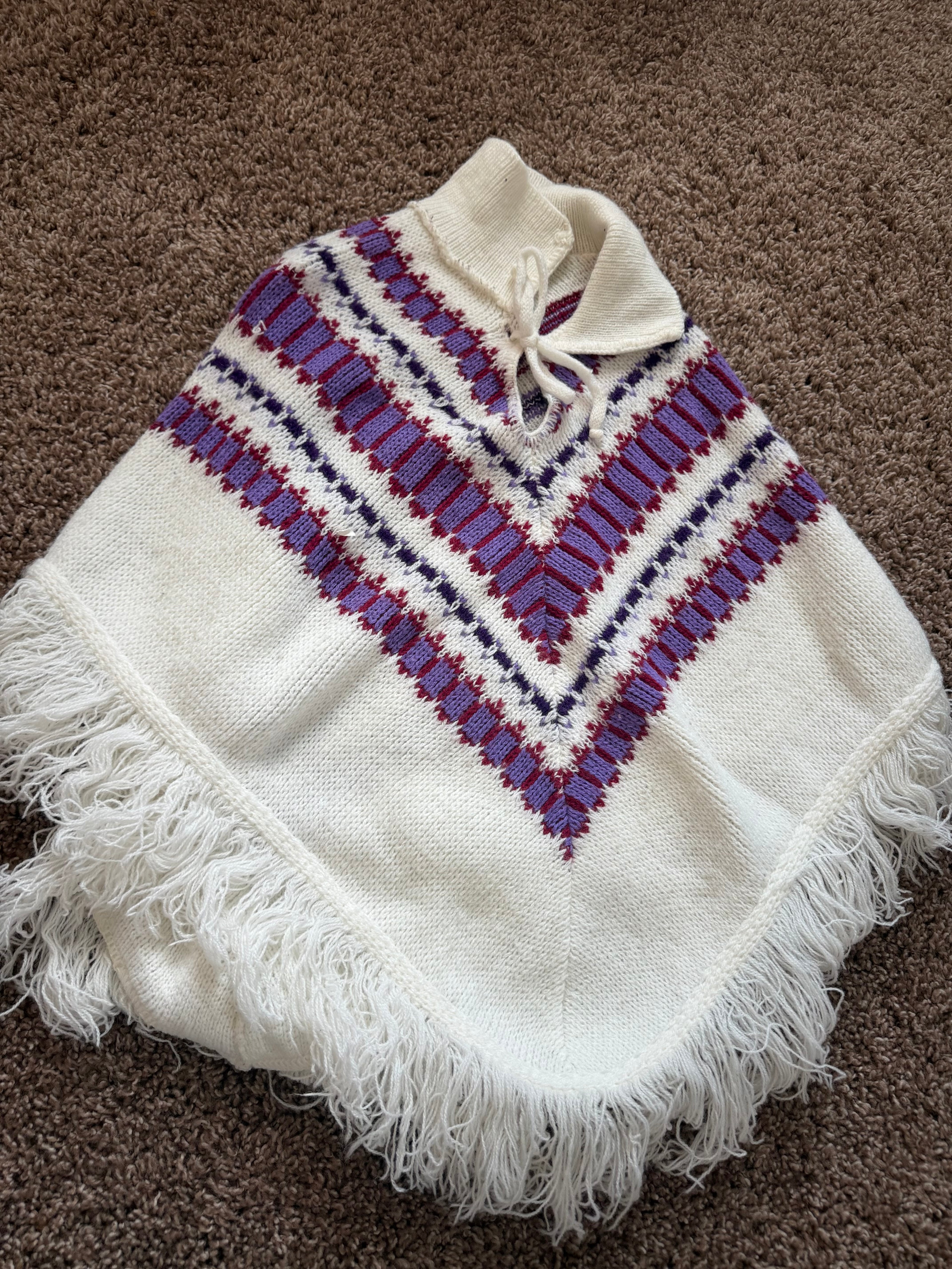 Vintage White Poncho with Red and Purple Details