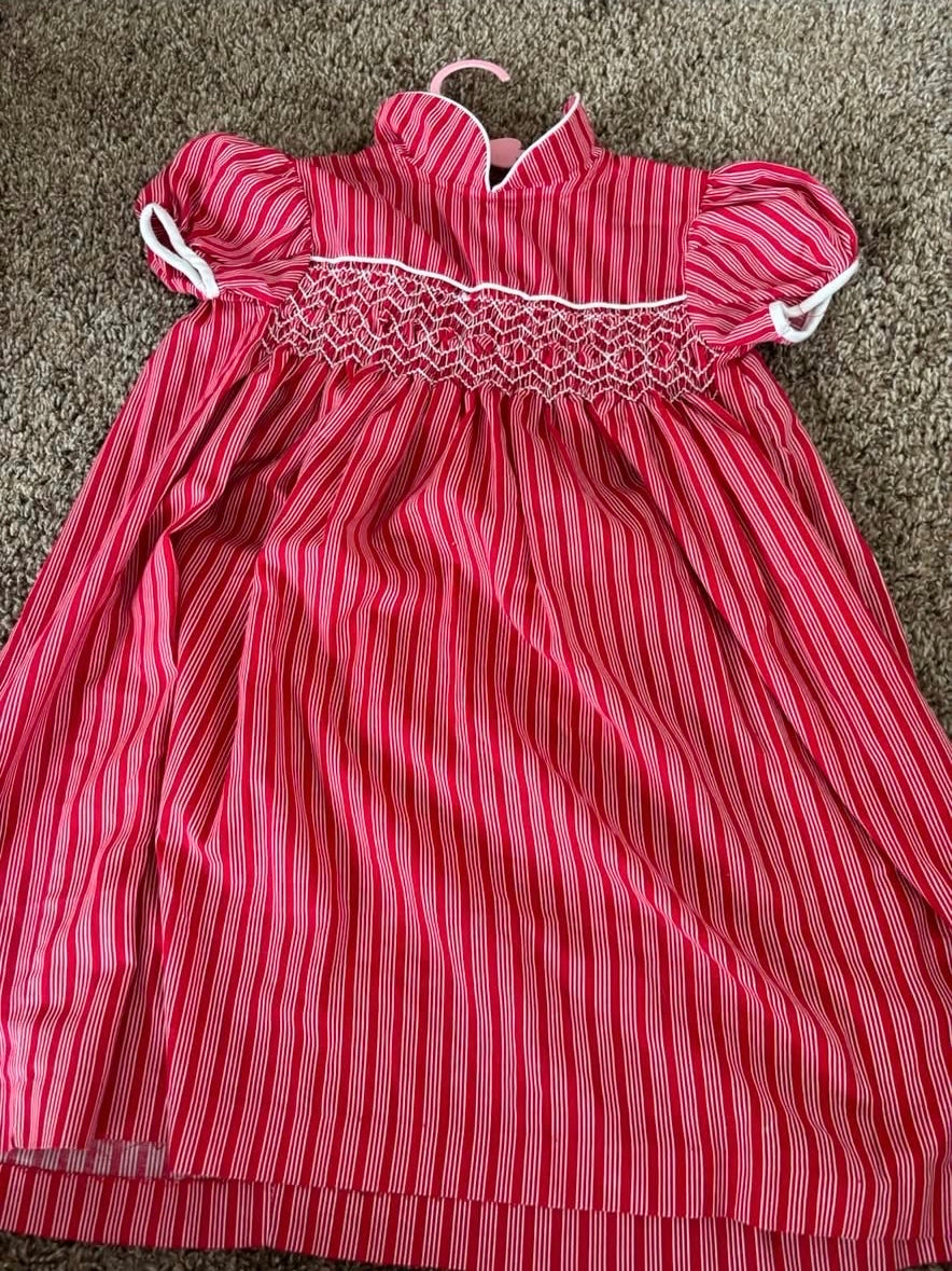 Vintage Polly Flinders Pink and Red Striped Smocked Dress