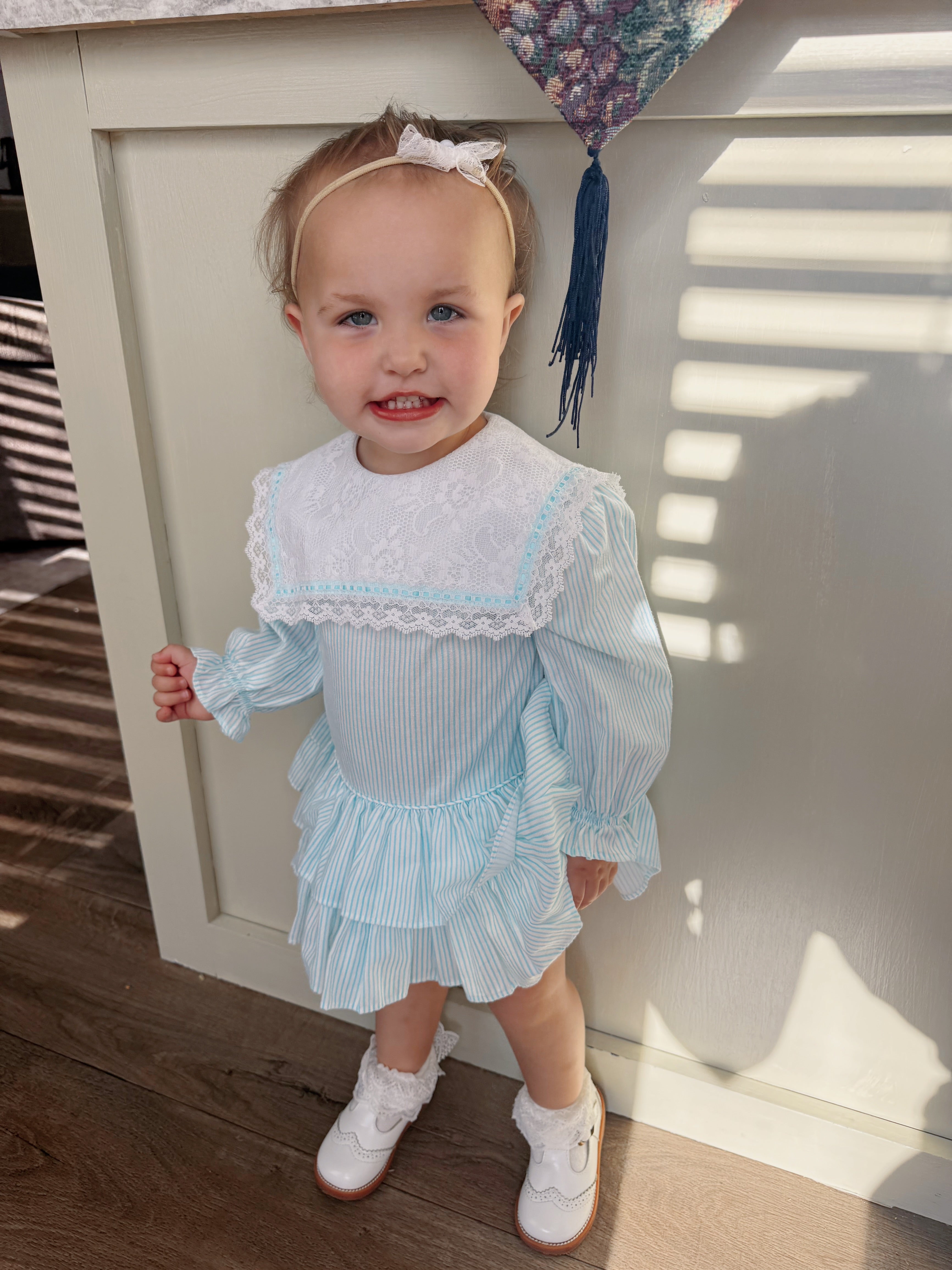 Vintage Turquoise Striped Dress with Lace Details