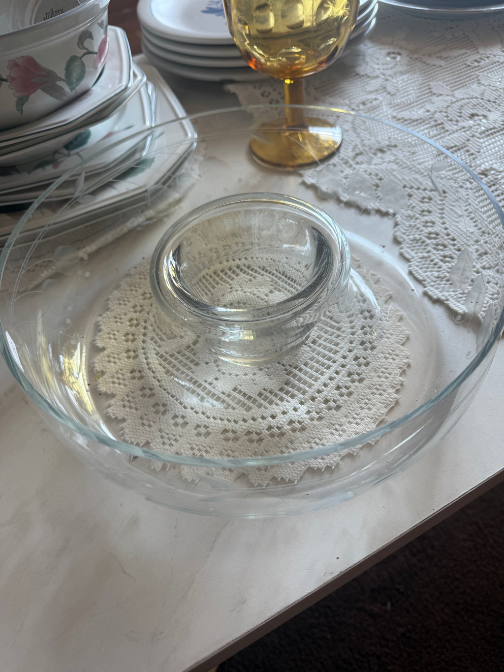 Antique Etched Glass Chips & Dip Platter