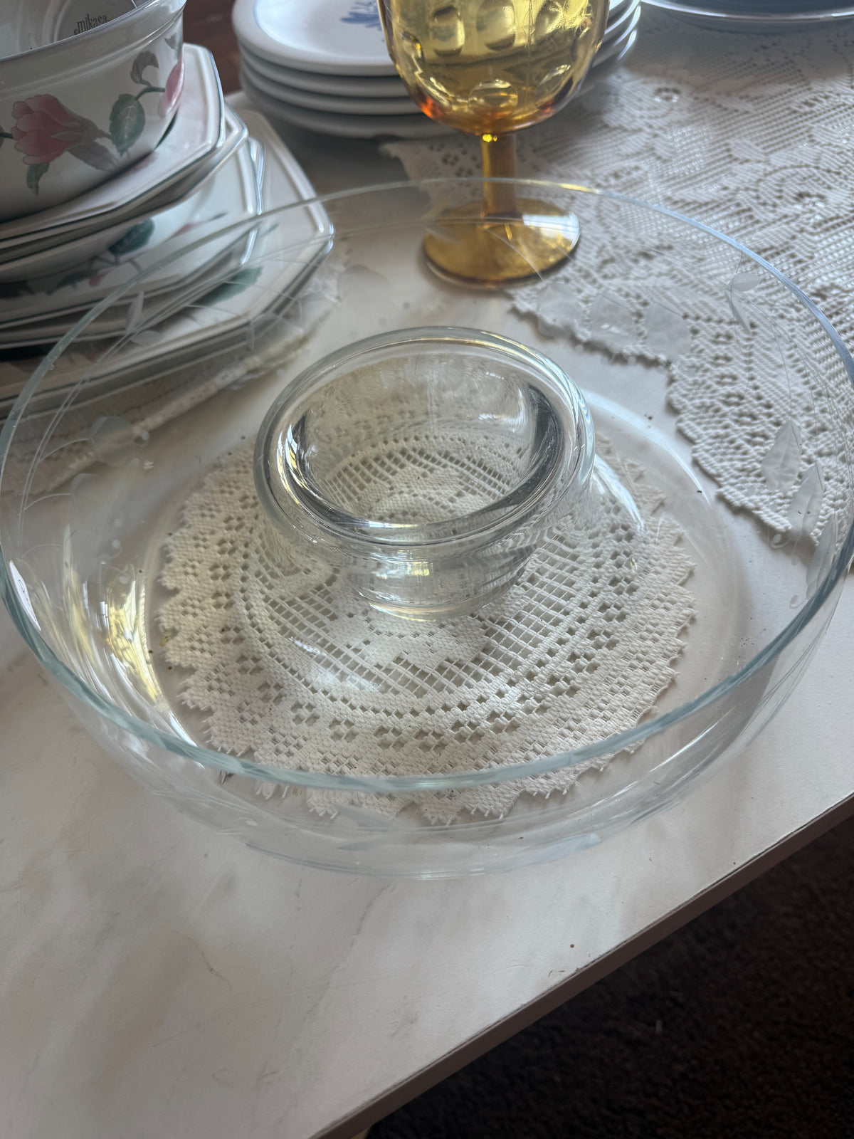 Antique Etched Glass Chips & Dip Platter