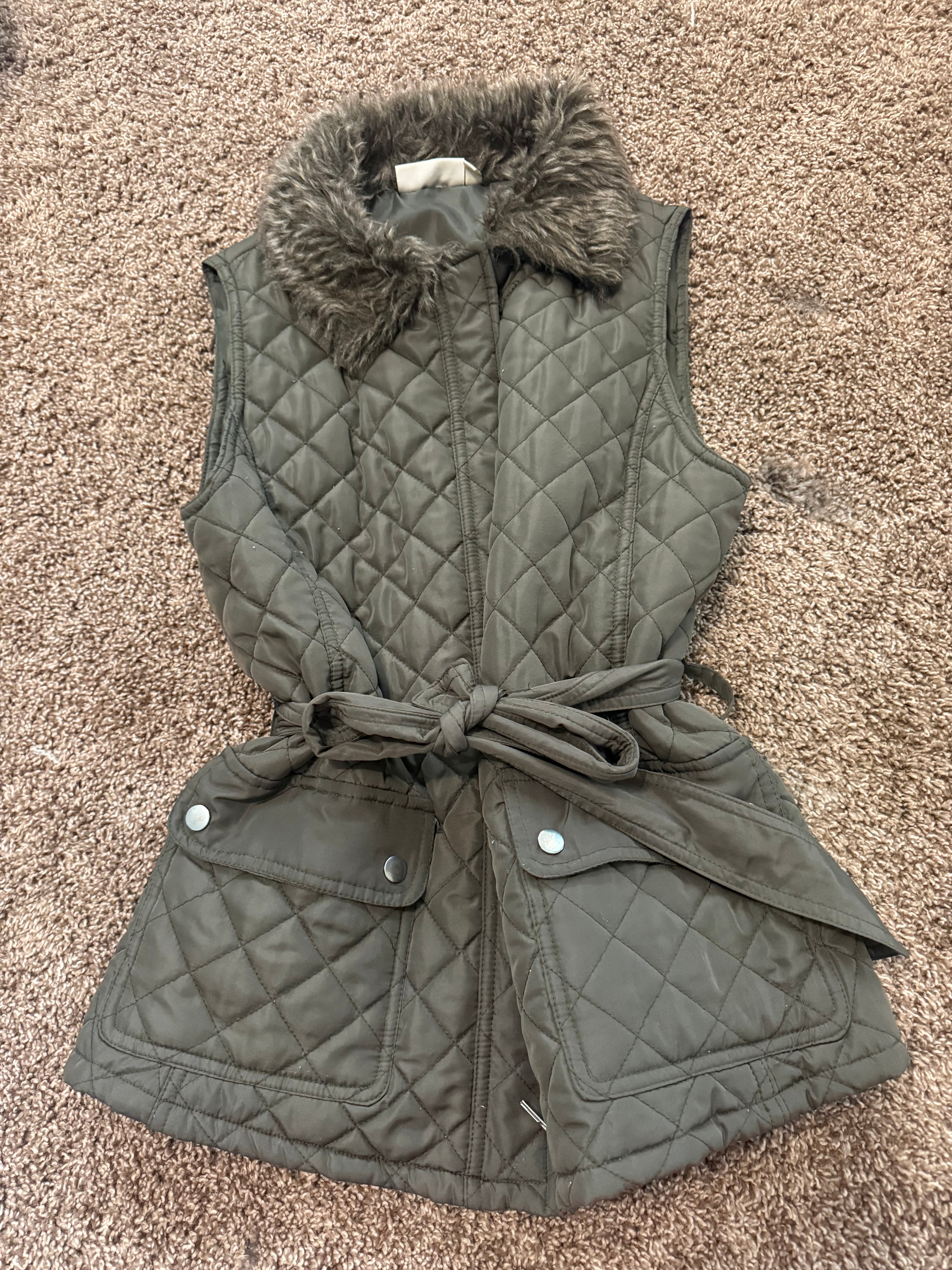 Y2K Olive Green Tie Vest with Fur