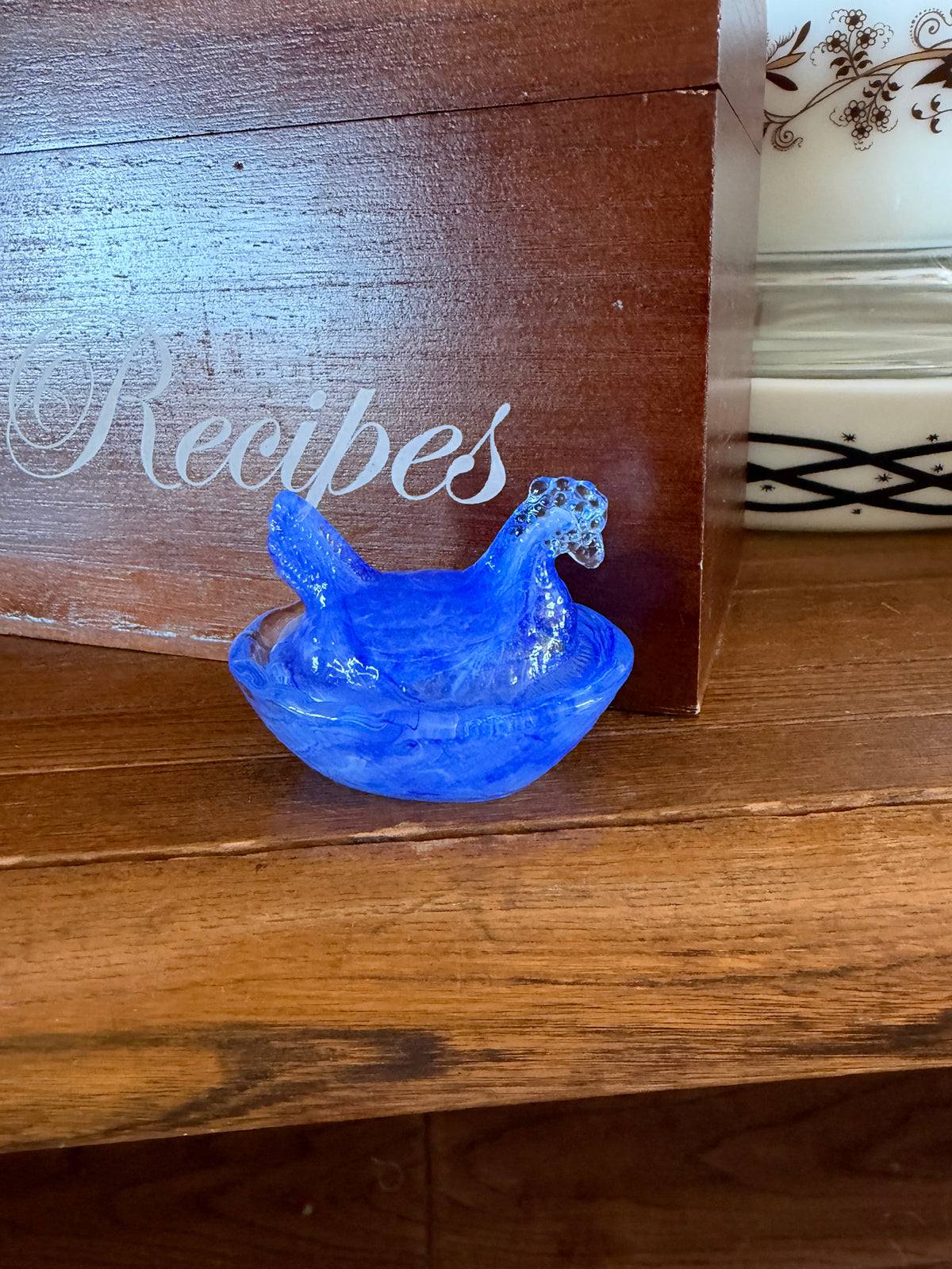 Blue & White Slag Glass Mini Hen-on-Nest Salt Cellar