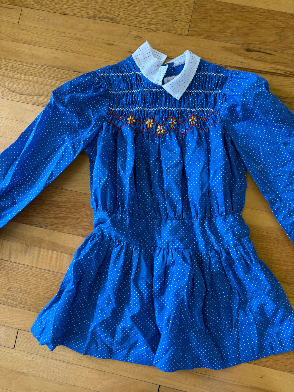 Vintage Blue Polka-Dot Smocked Dress
