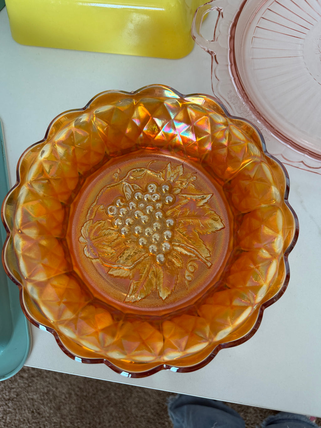 Vintage Harvest Grape Carnival Glass Bowl
