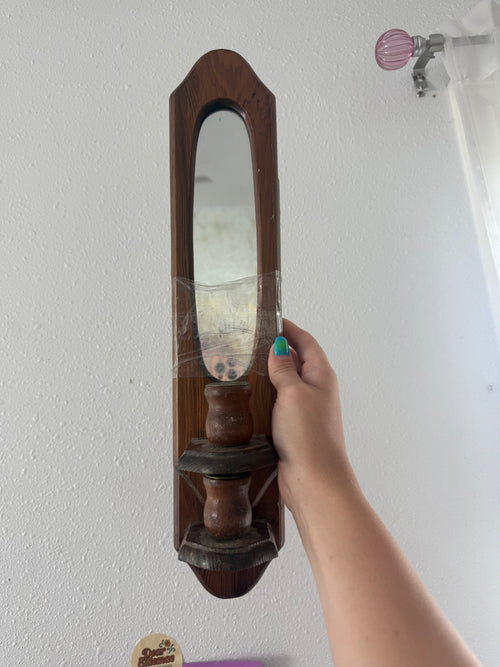 Antique Wooden Candle & Mirror Sconce Pair