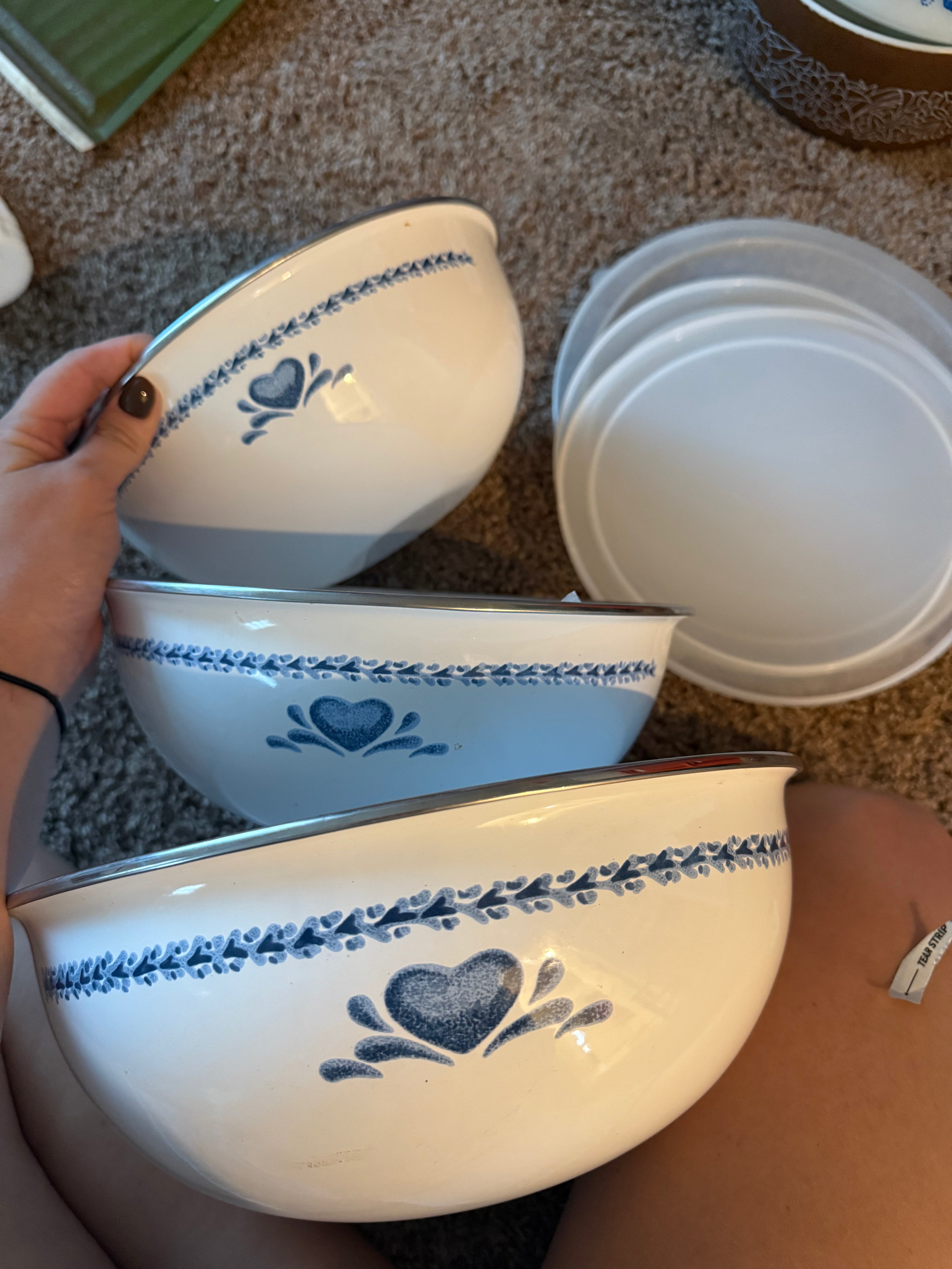 Vintage Blue Heart Enamelware Nesting Bowls with Lids