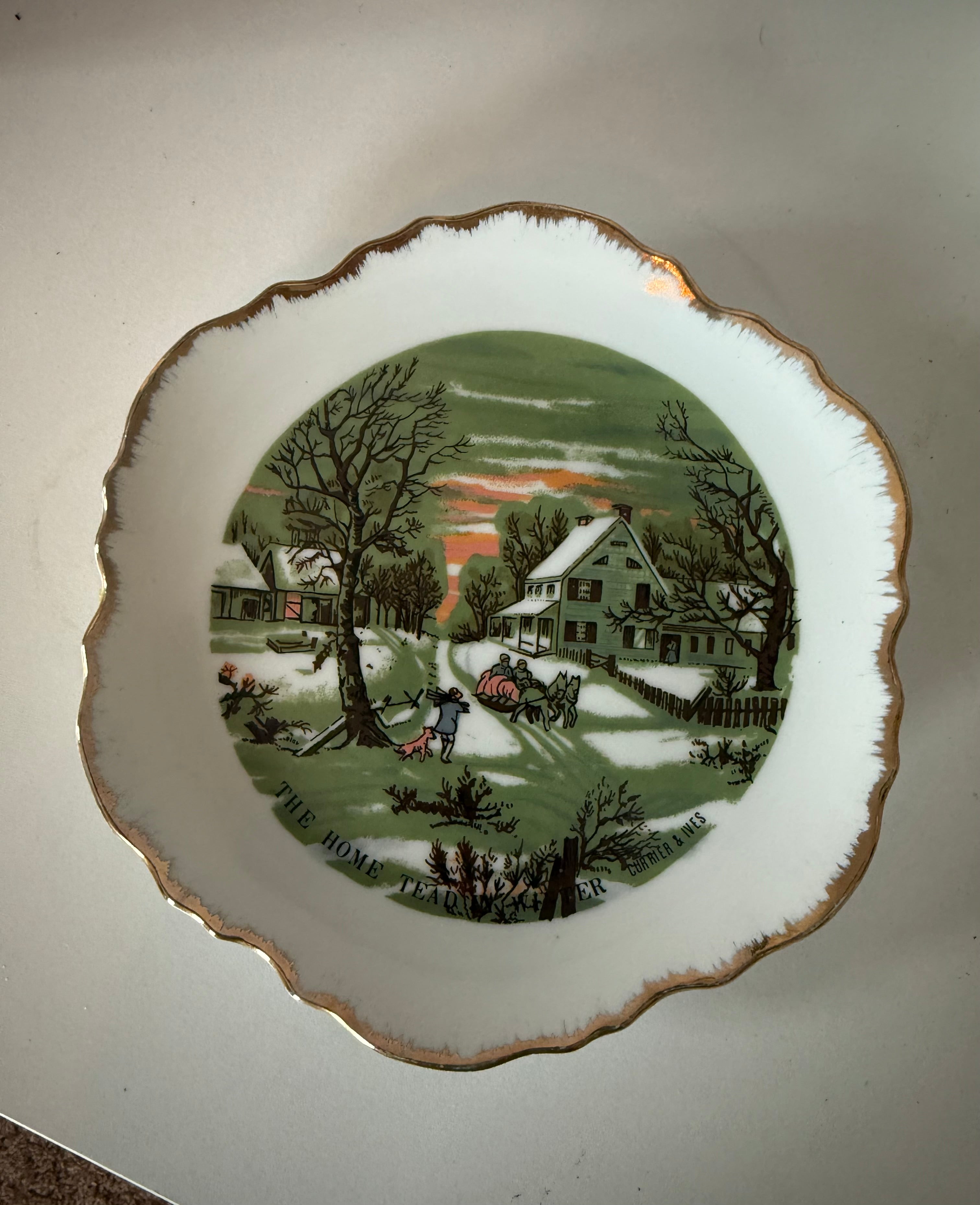 Antique "The Homestead in Winter" Gold Rimmed Plate