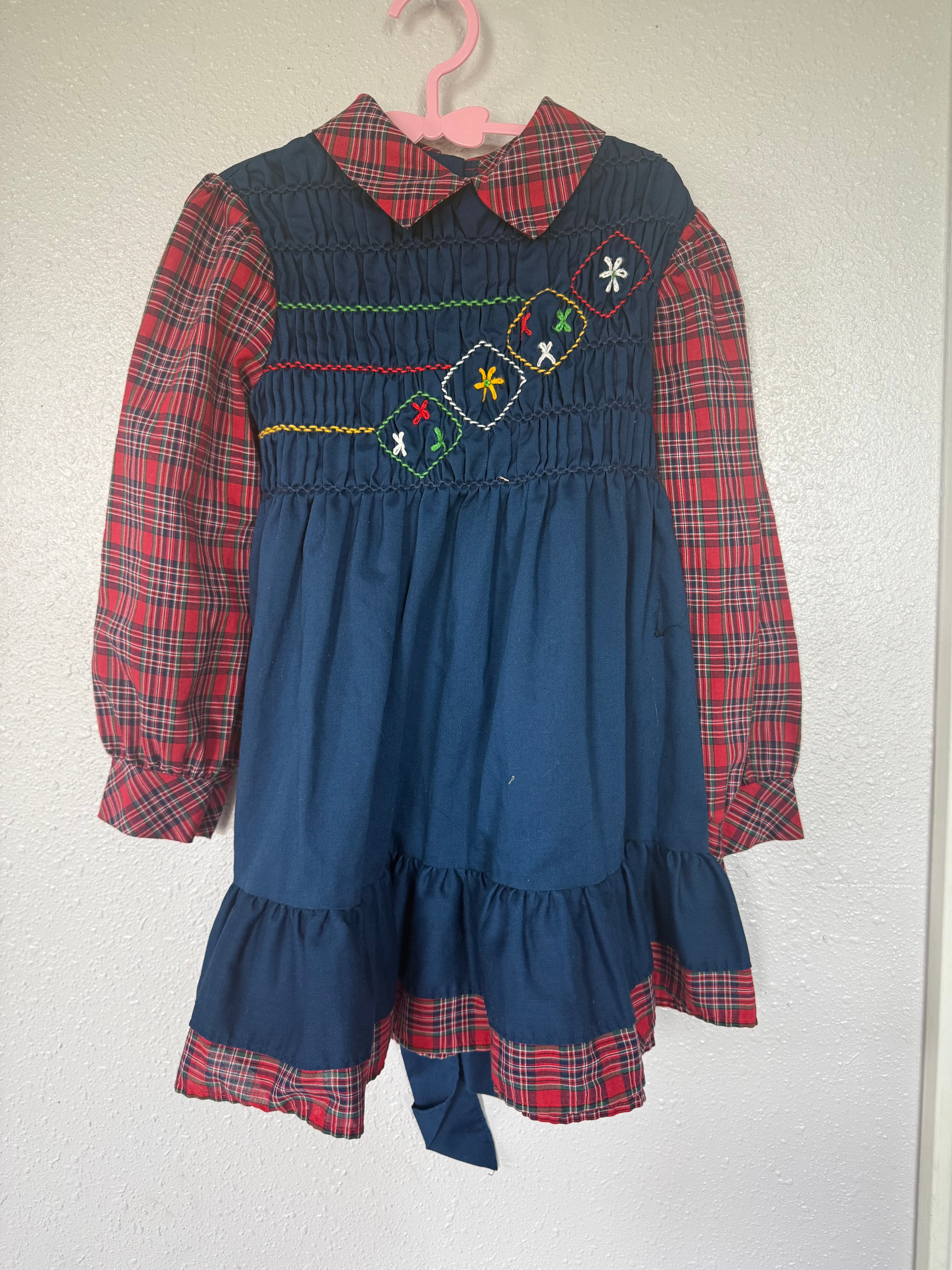 Vintage Navy and Plaid Smocked Dress