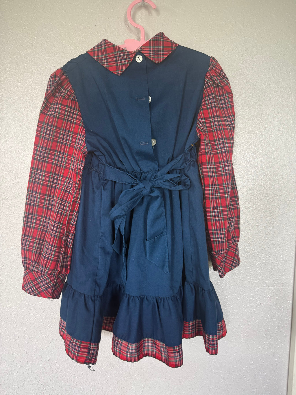 Vintage Navy and Plaid Smocked Dress