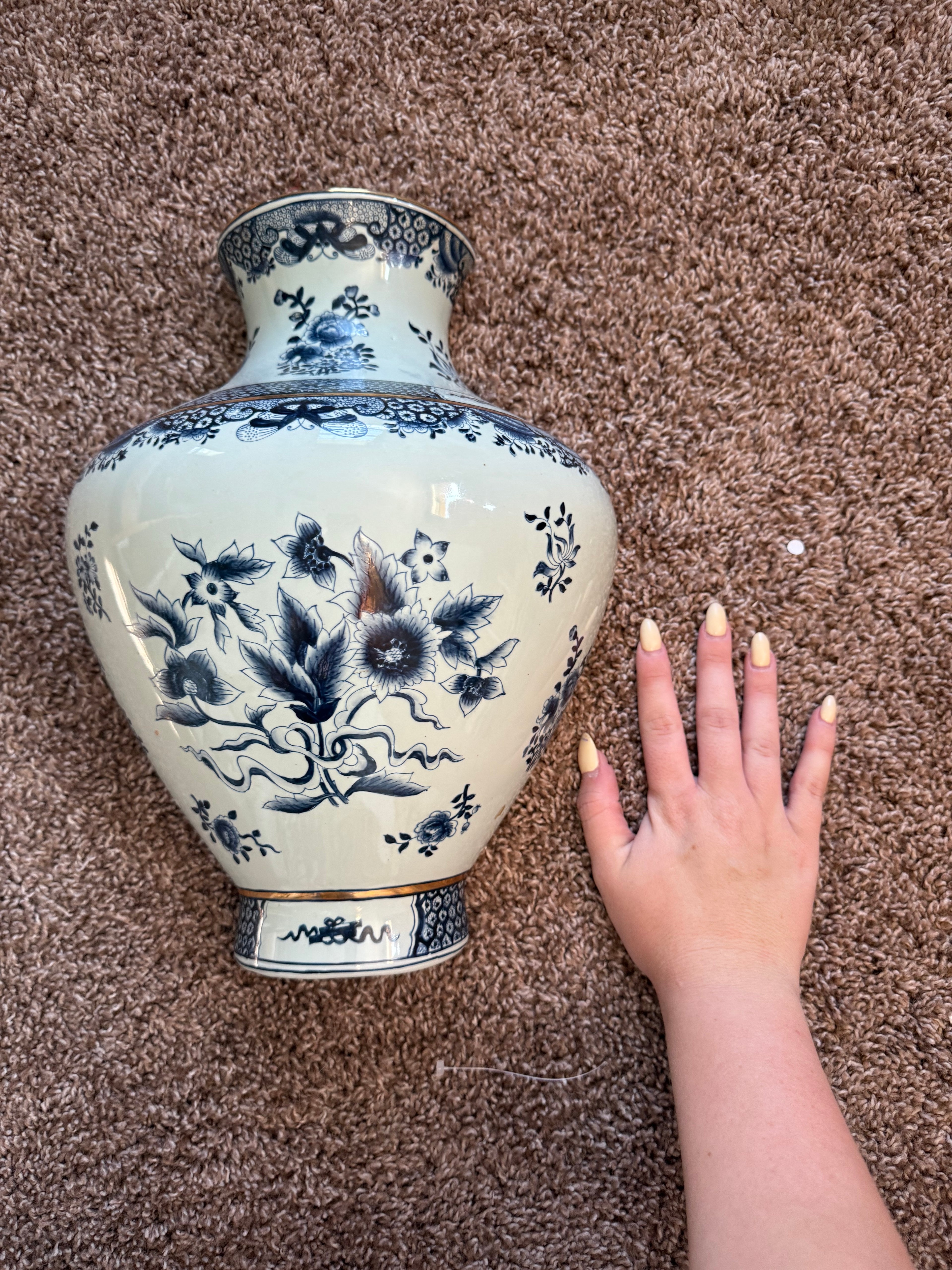 Antique Blue Floral Hanging Wall Vase