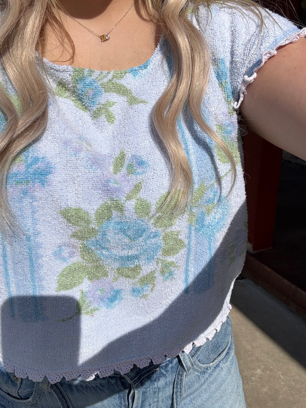 Upcycled Blue and Green Floral Vintage Towel Top