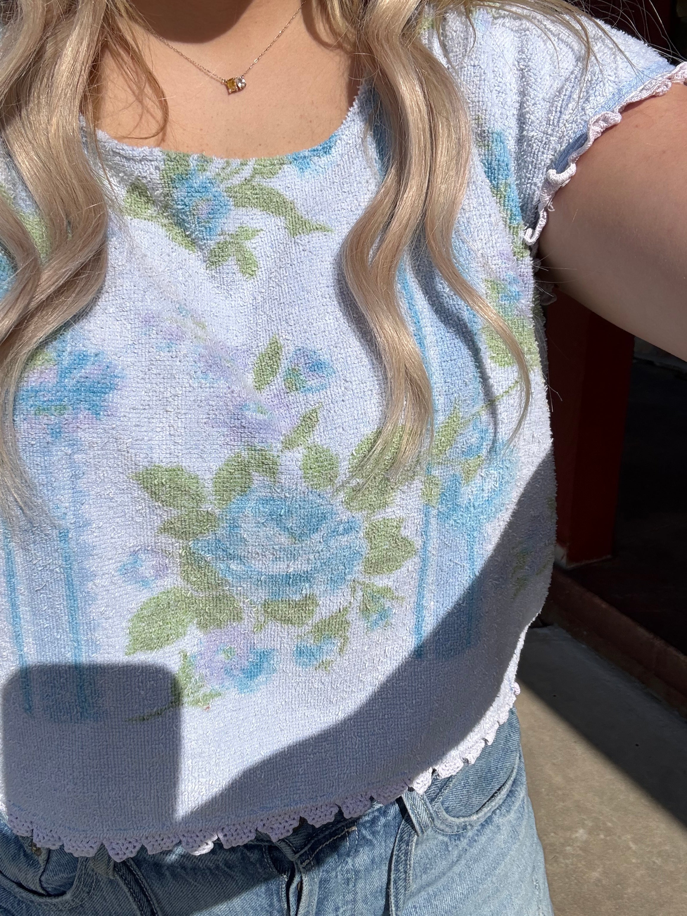Upcycled Blue and Green Floral Vintage Towel Top