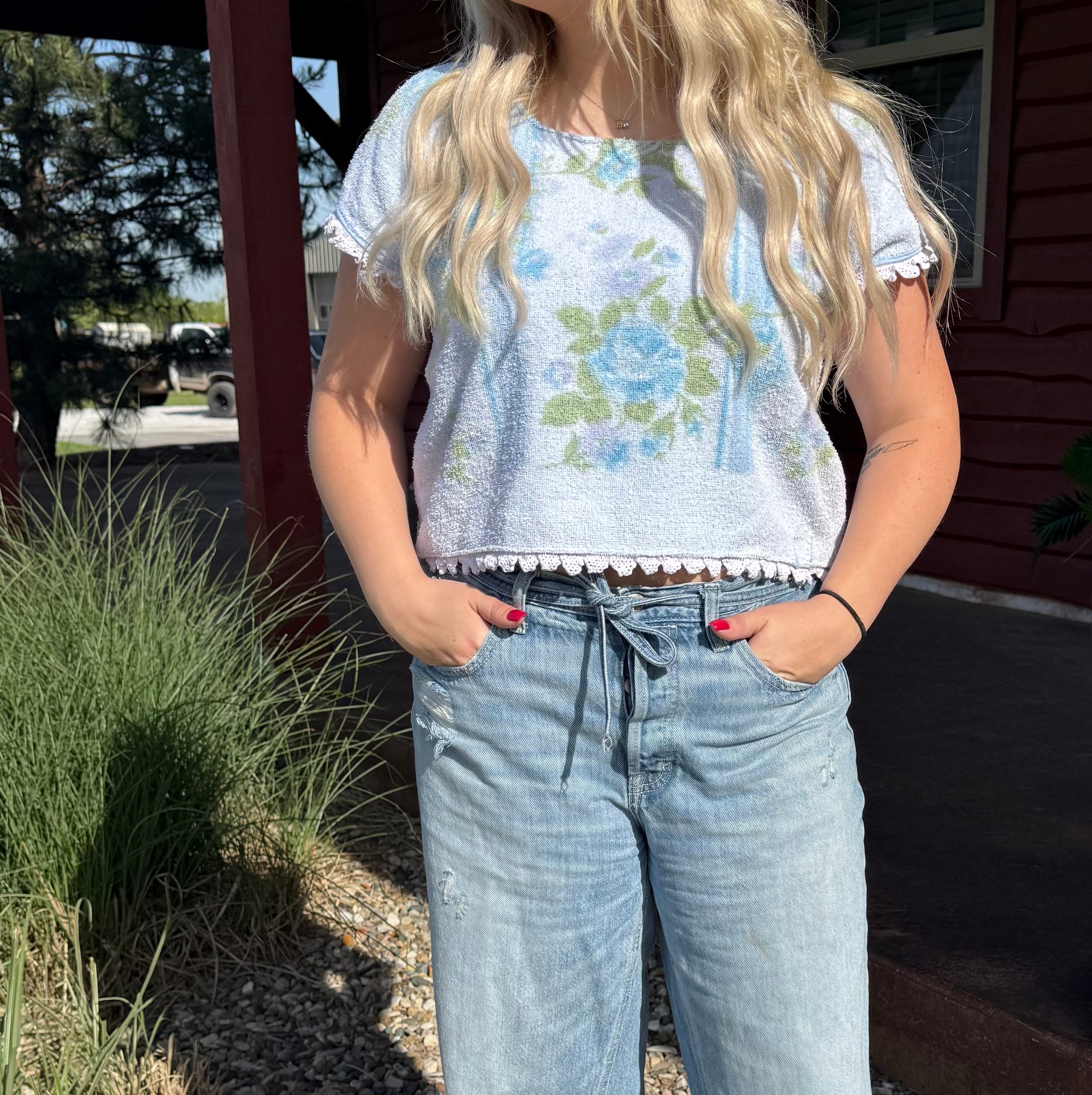 Upcycled Blue and Green Floral Vintage Towel Top