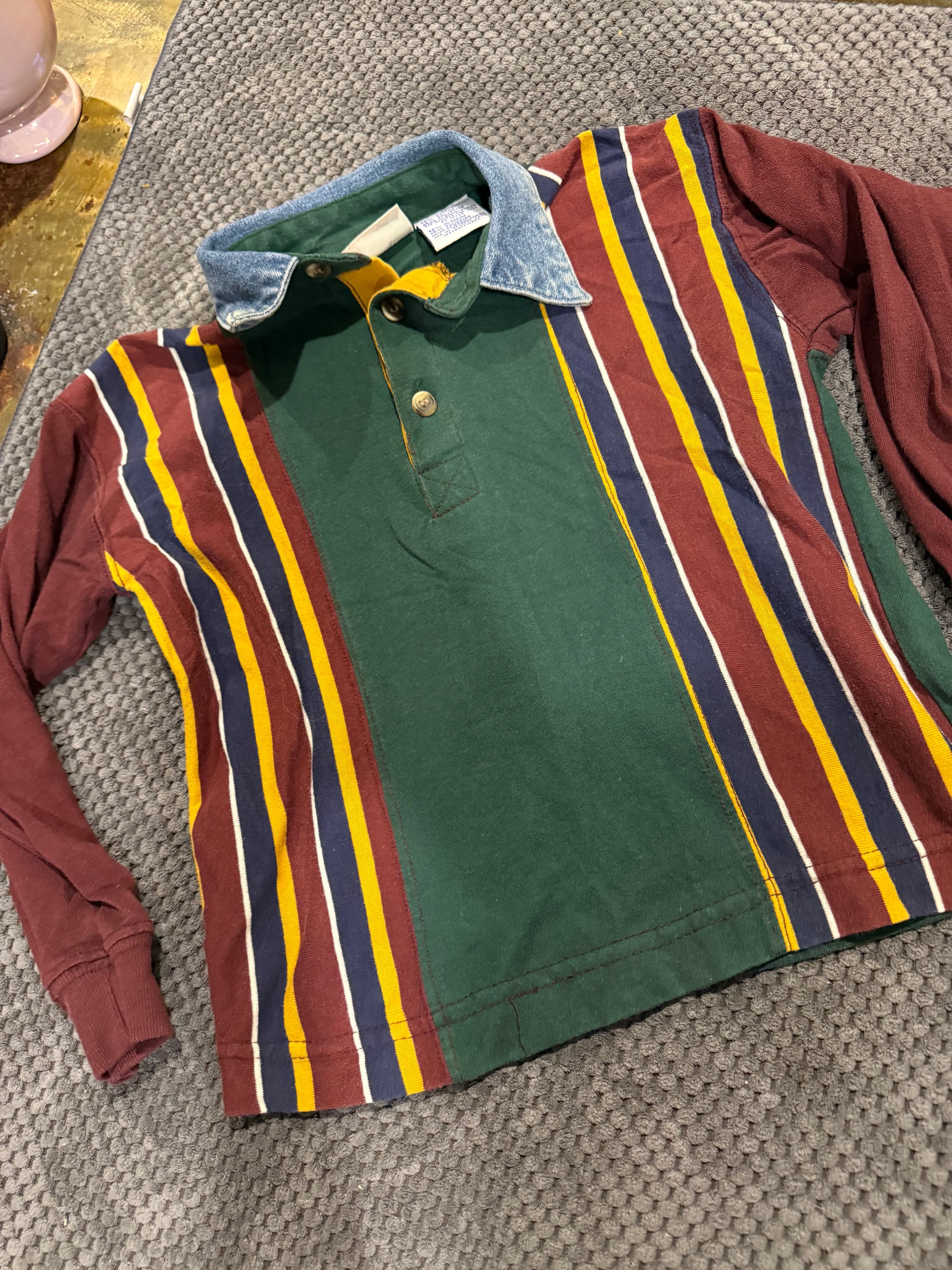 Vintage Striped Button-up with Denim Collar