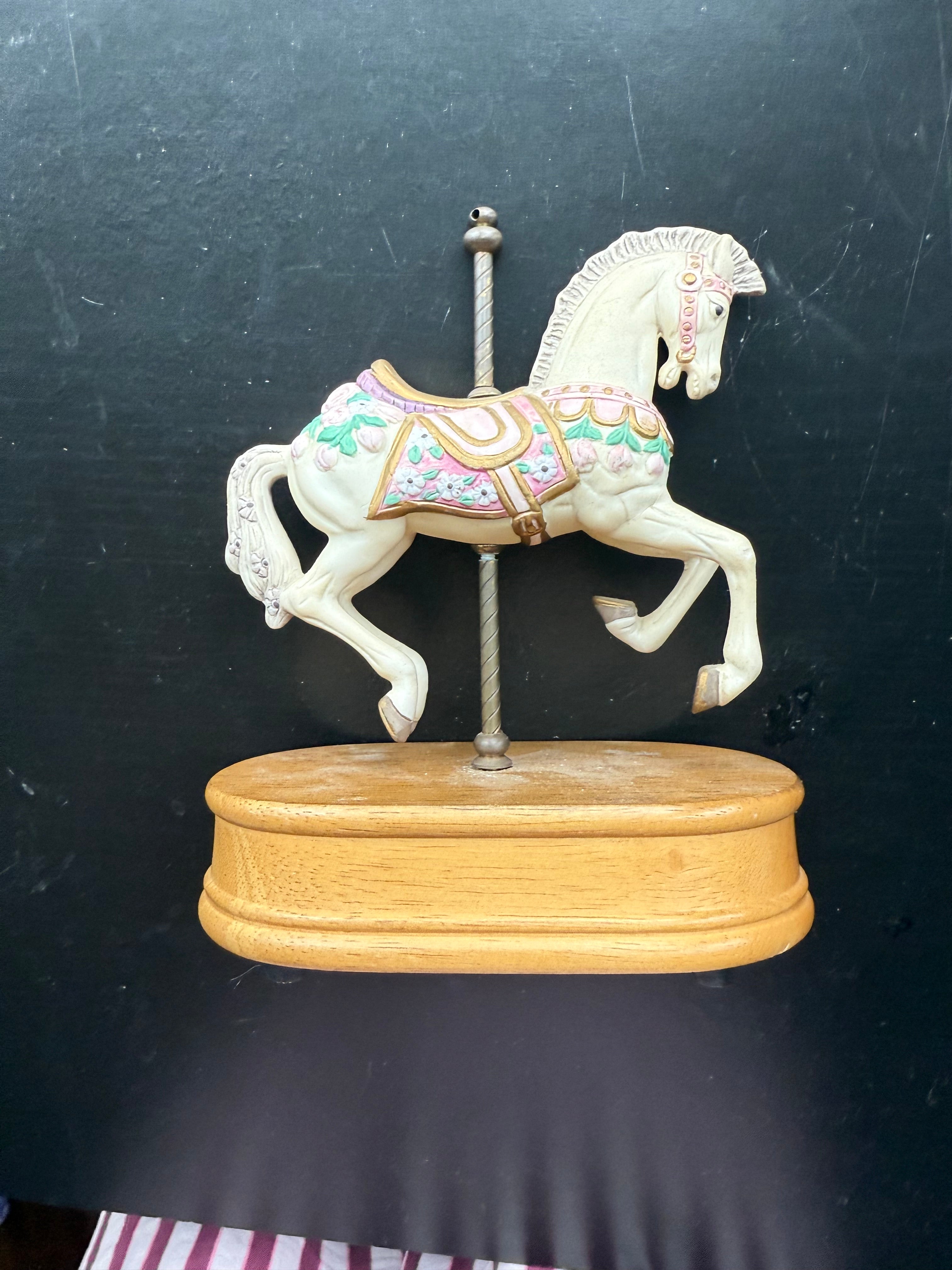 Vintage Porcelain Carousel Horse on Wooden Stand