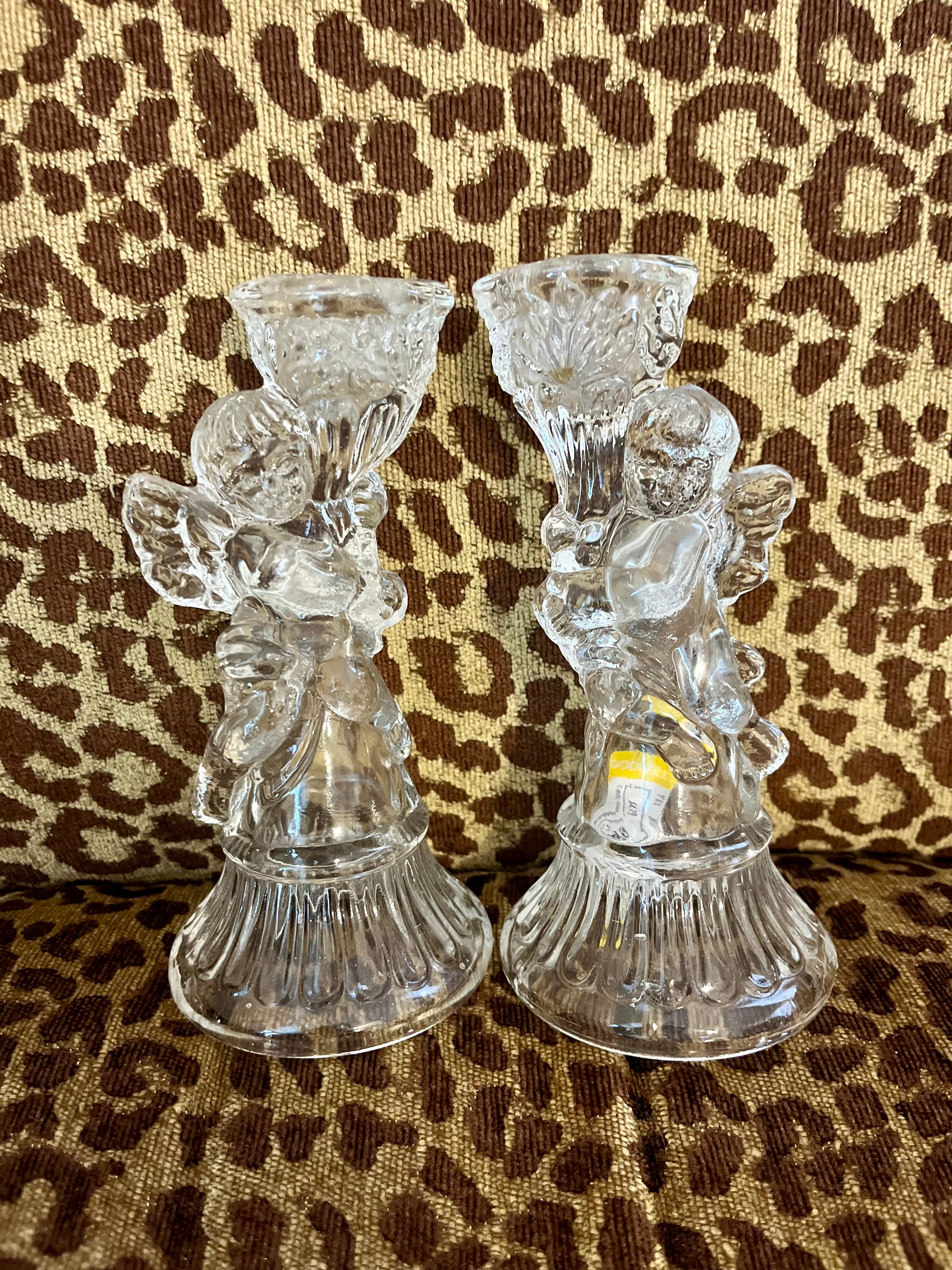 Antique Glass Angel Candlestick Pair