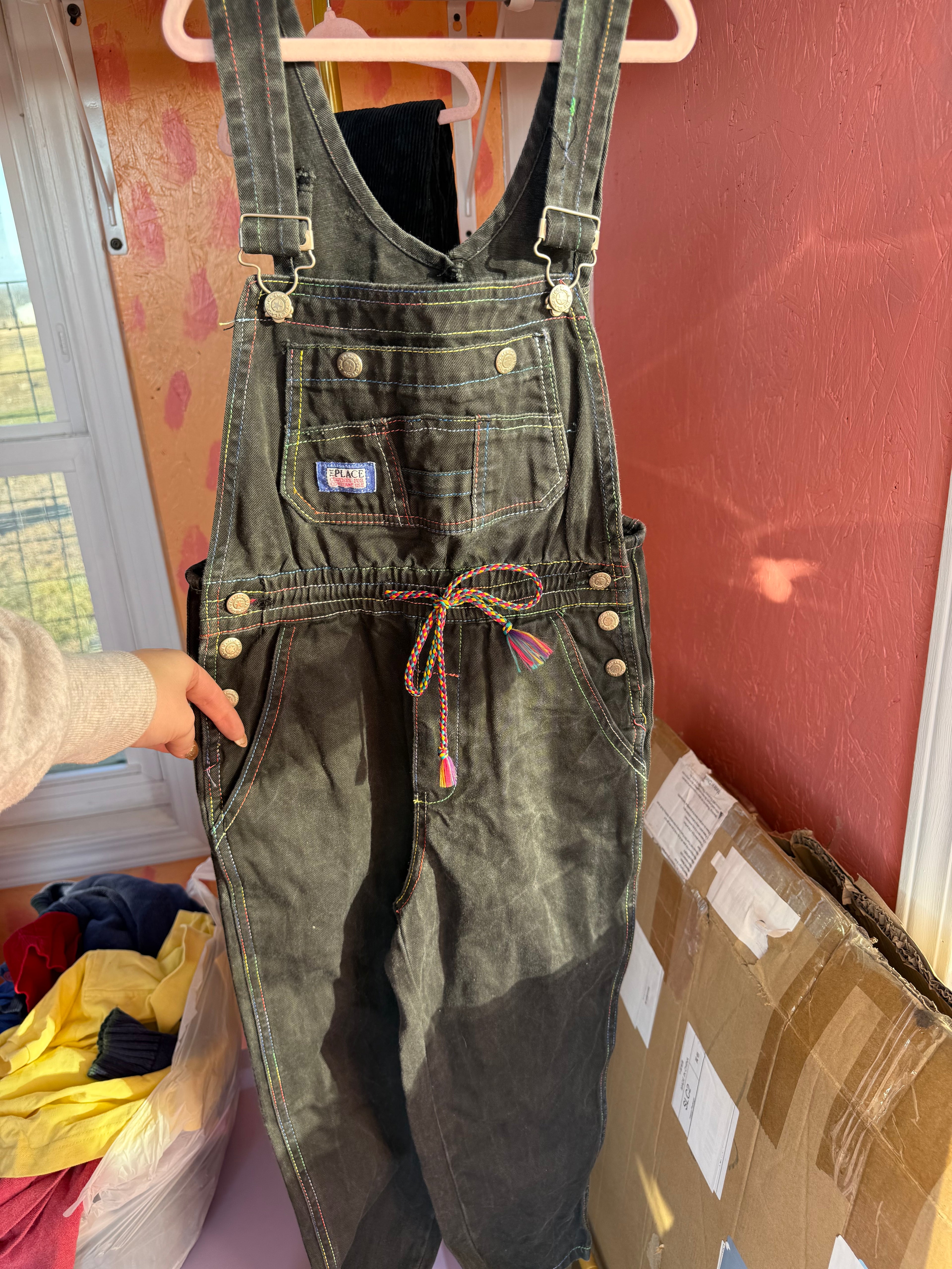 Y2K Black Overalls with Rainbow Stitching and Details