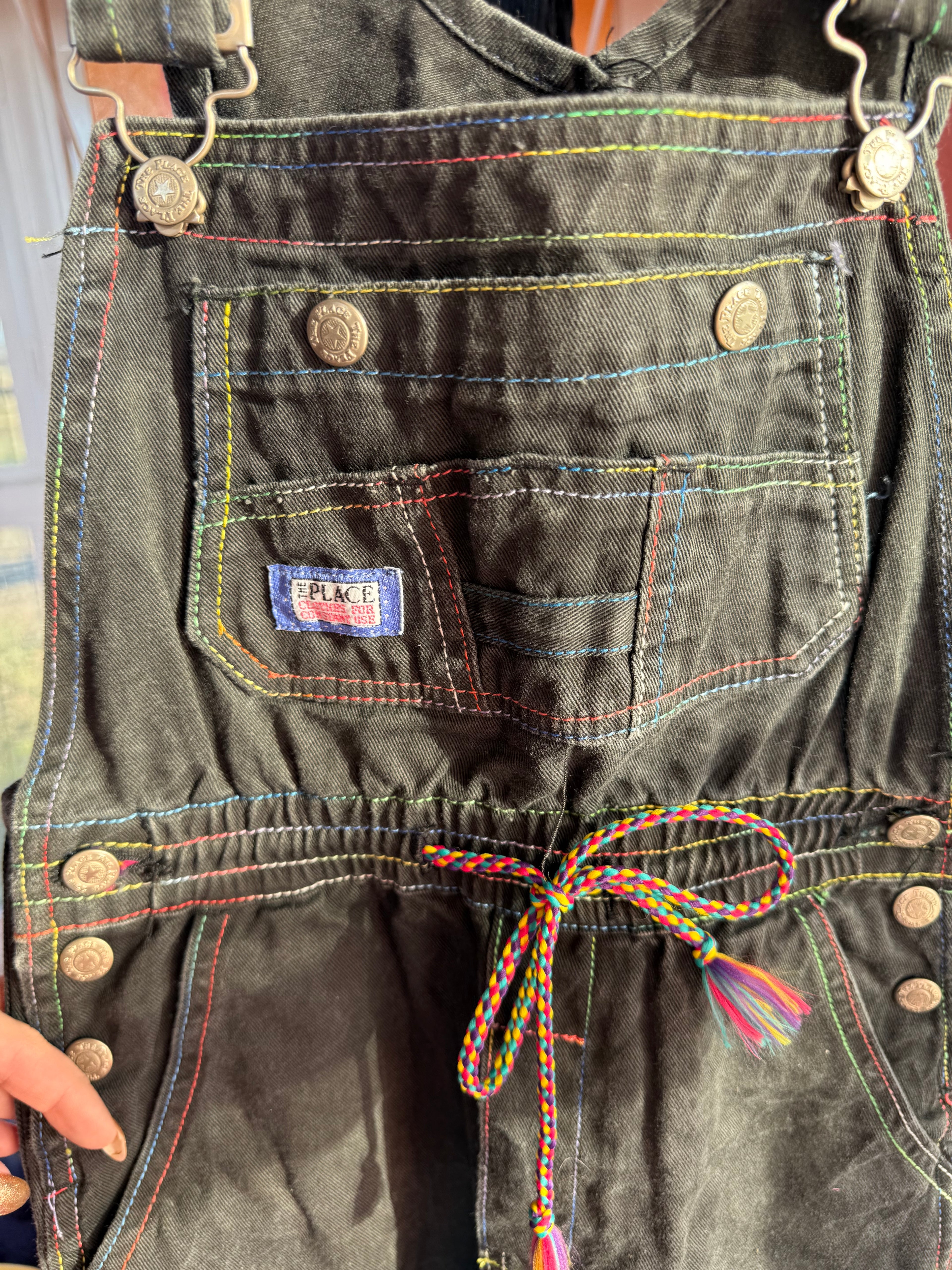 Y2K Black Overalls with Rainbow Stitching and Details