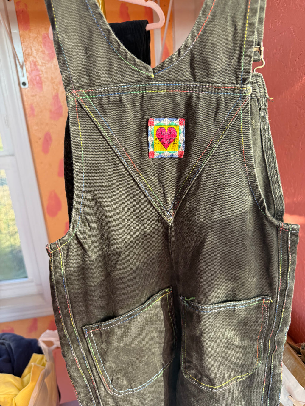 Y2K Black Overalls with Rainbow Stitching and Details