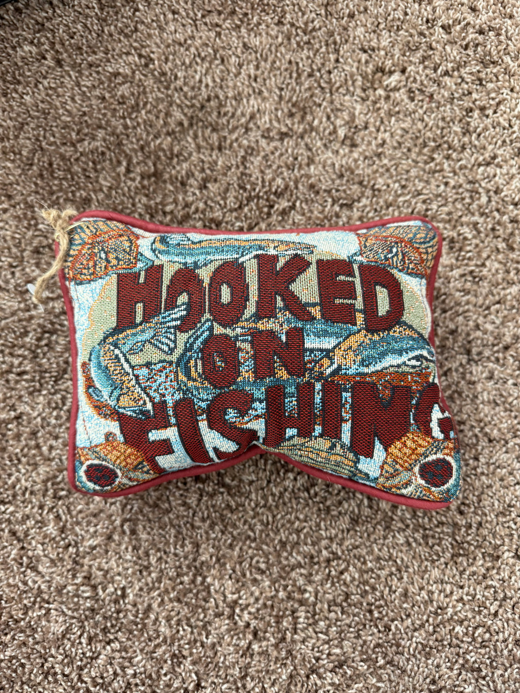 Vintage "Hooked on Fishing" Needlepoint Throw Pillow