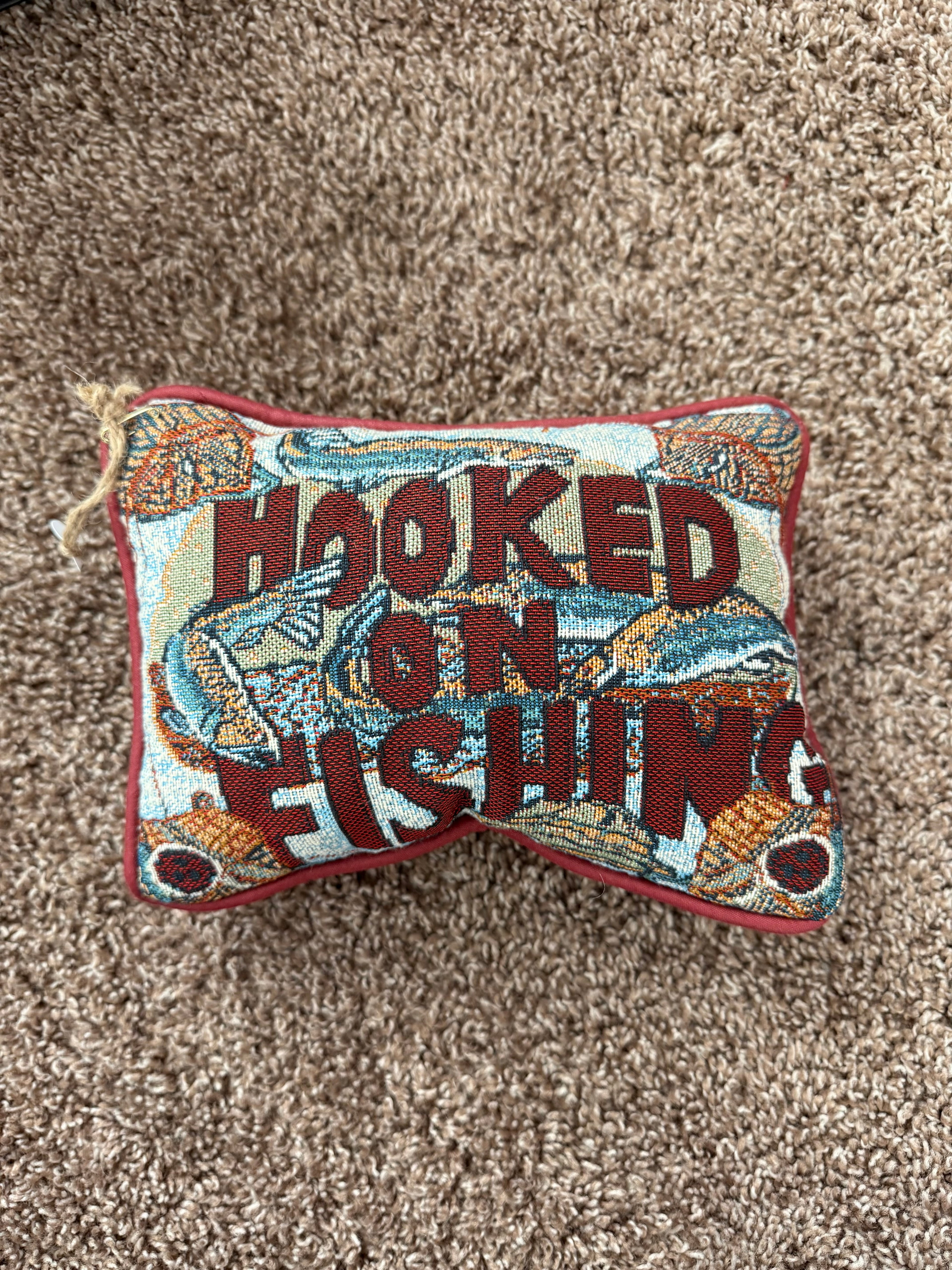Vintage "Hooked on Fishing" Needlepoint Throw Pillow