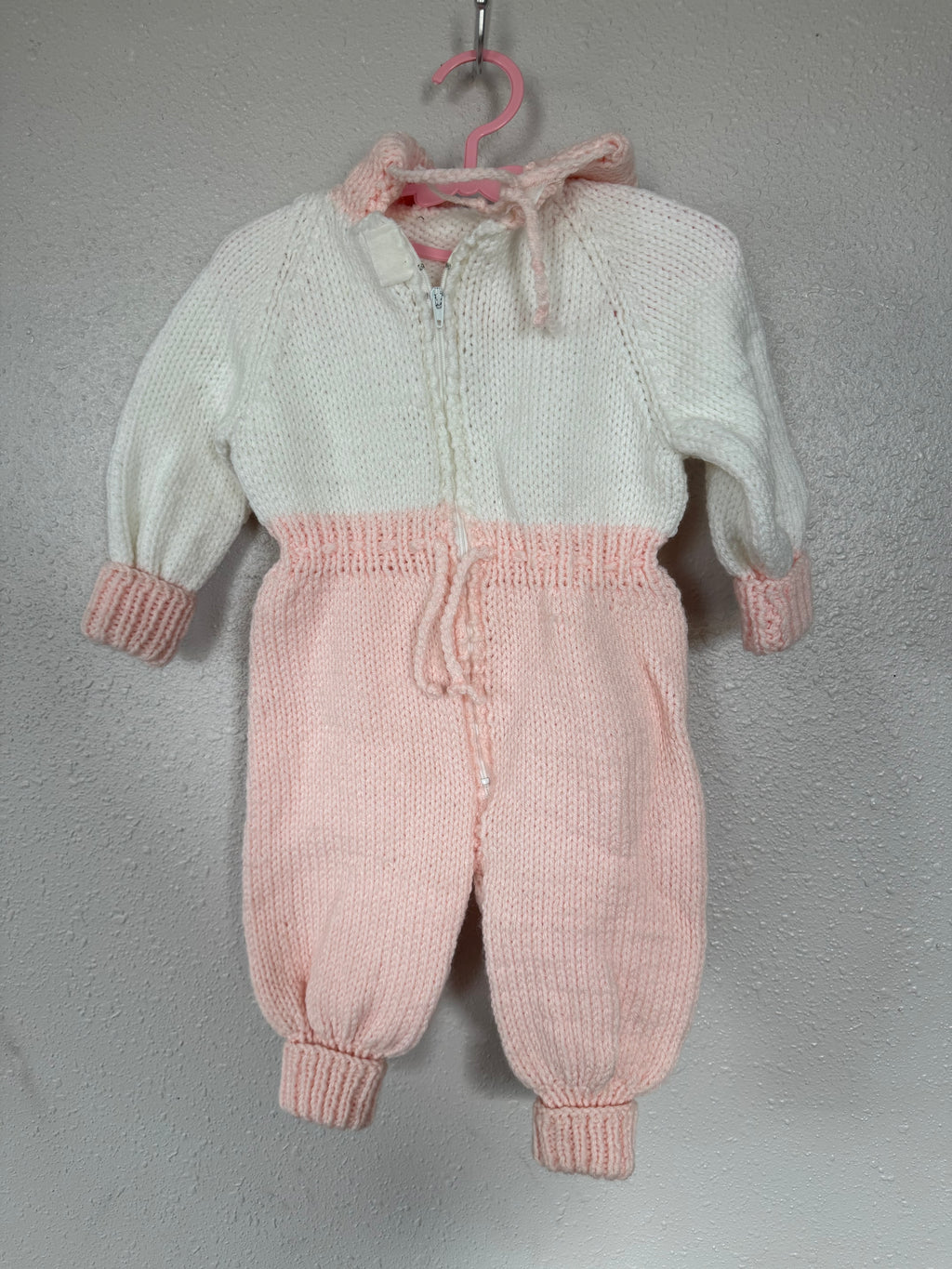 Vintage Pink and White Knit Hooded Romper