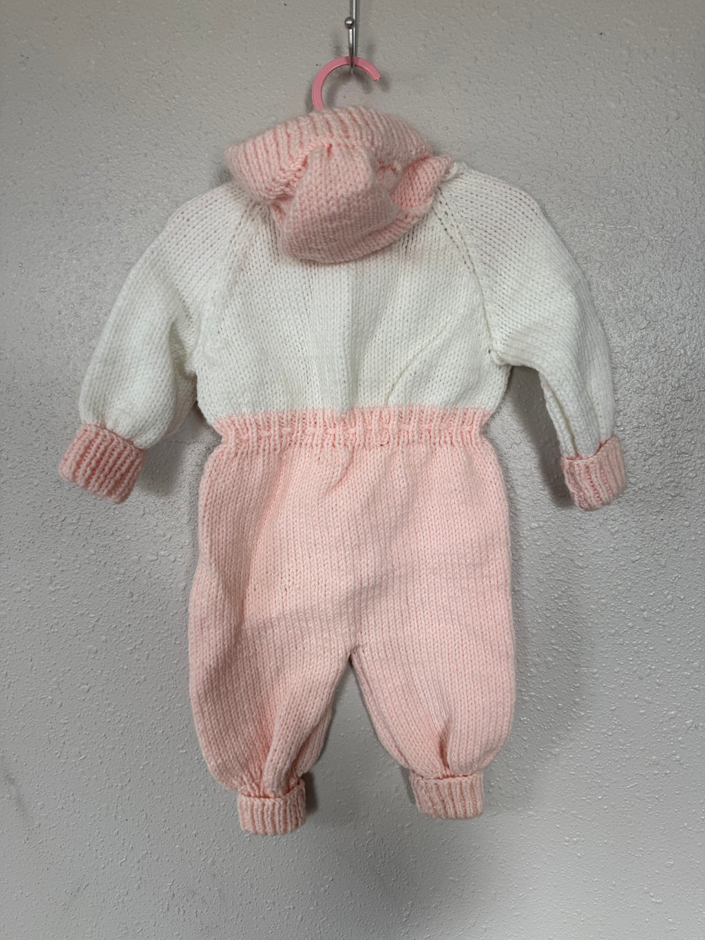 Vintage Pink and White Knit Hooded Romper