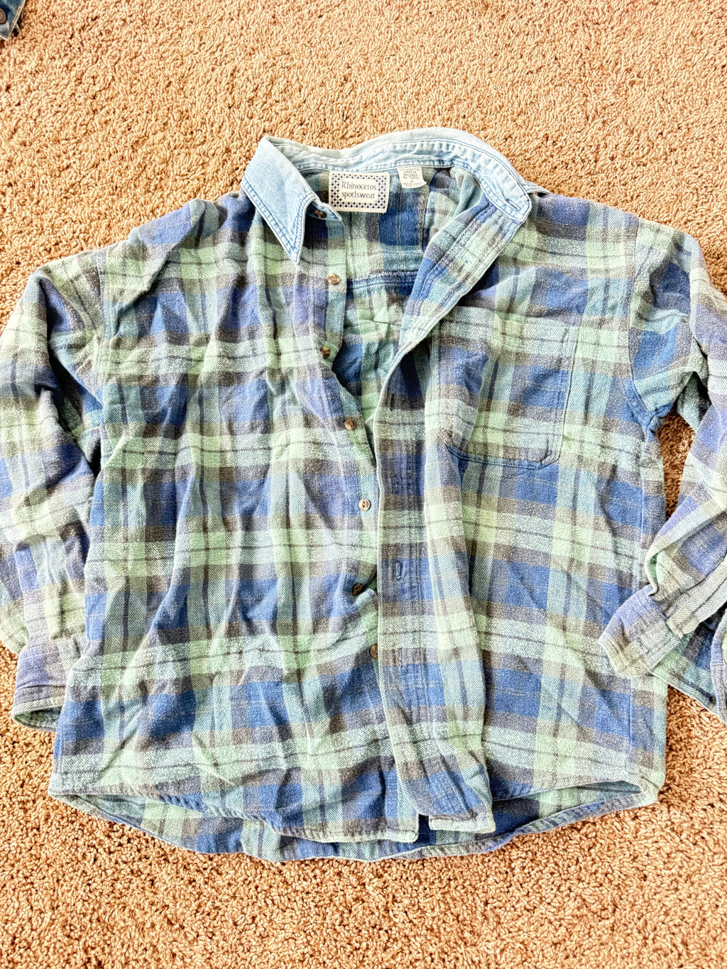 Vintage Denim Collared Blue and Green Plaid Flannel