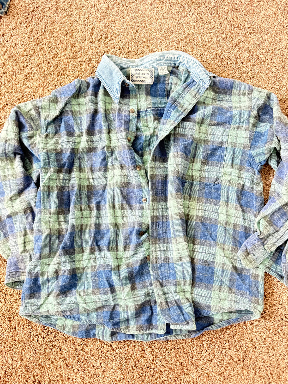 Vintage Denim Collared Blue and Green Plaid Flannel