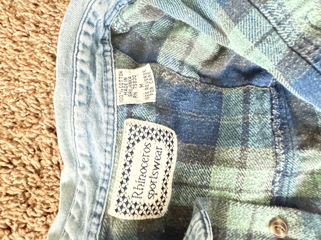 Vintage Denim Collared Blue and Green Plaid Flannel