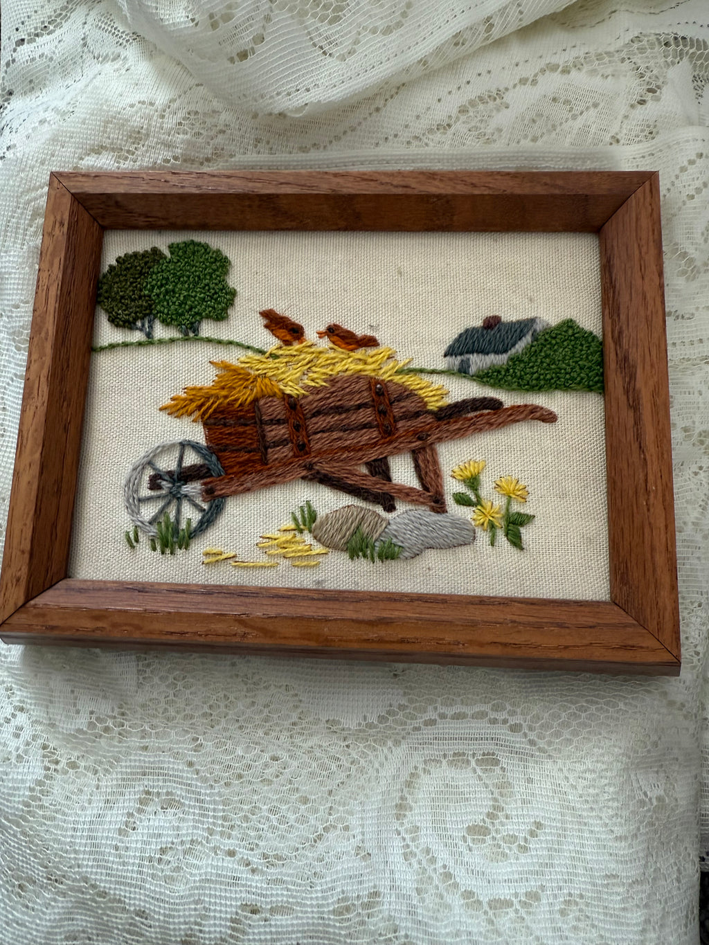 1984 Vintage Completed Plow and Wheelbarrow Embroidered Kit