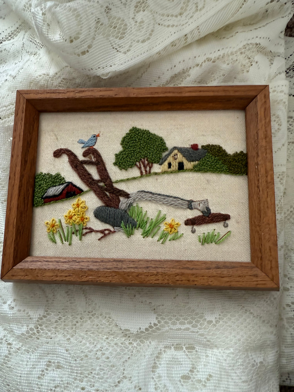 1984 Vintage Completed Plow and Wheelbarrow Embroidered Kit