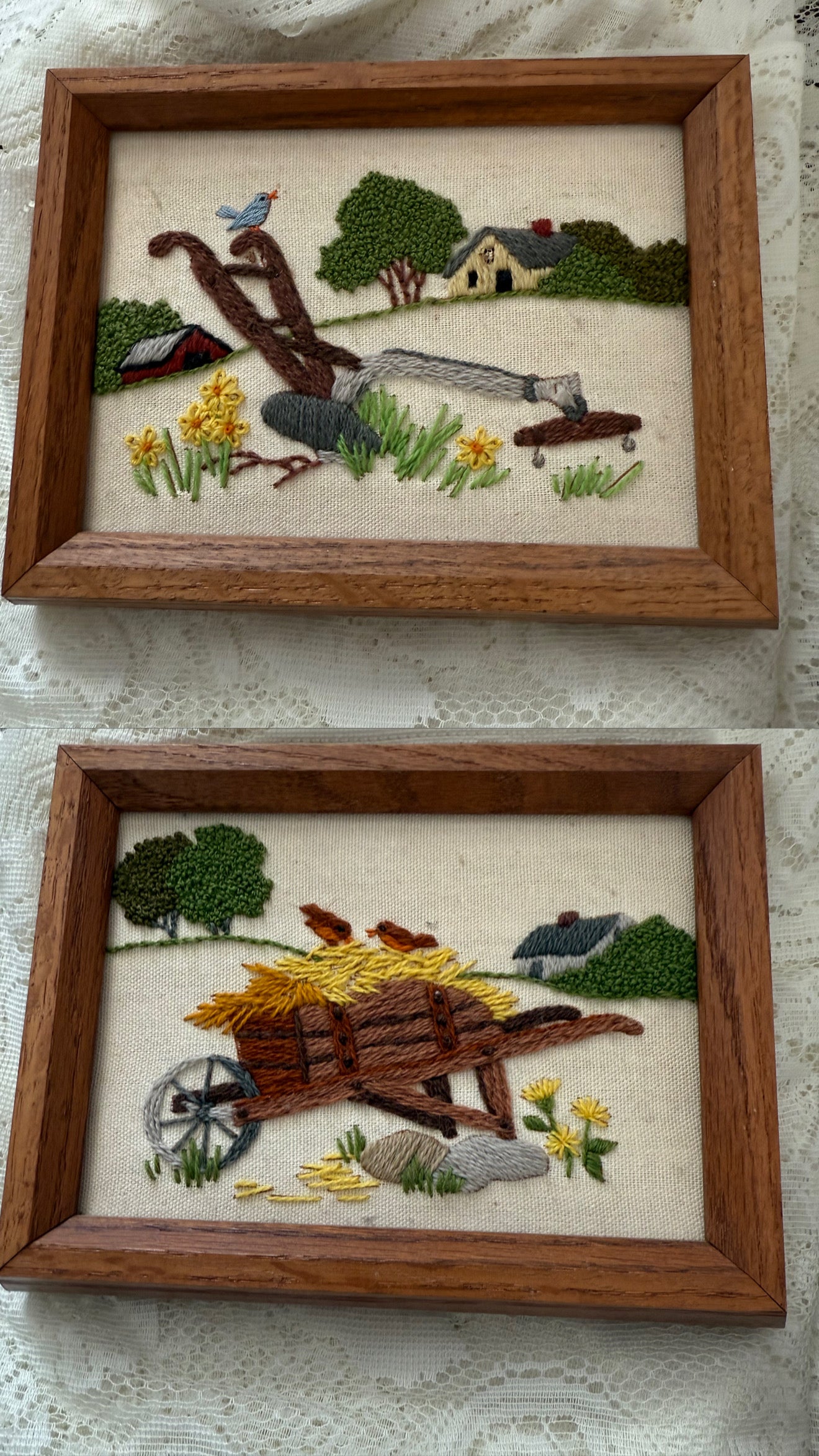 1984 Vintage Completed Plow and Wheelbarrow Embroidered Kit